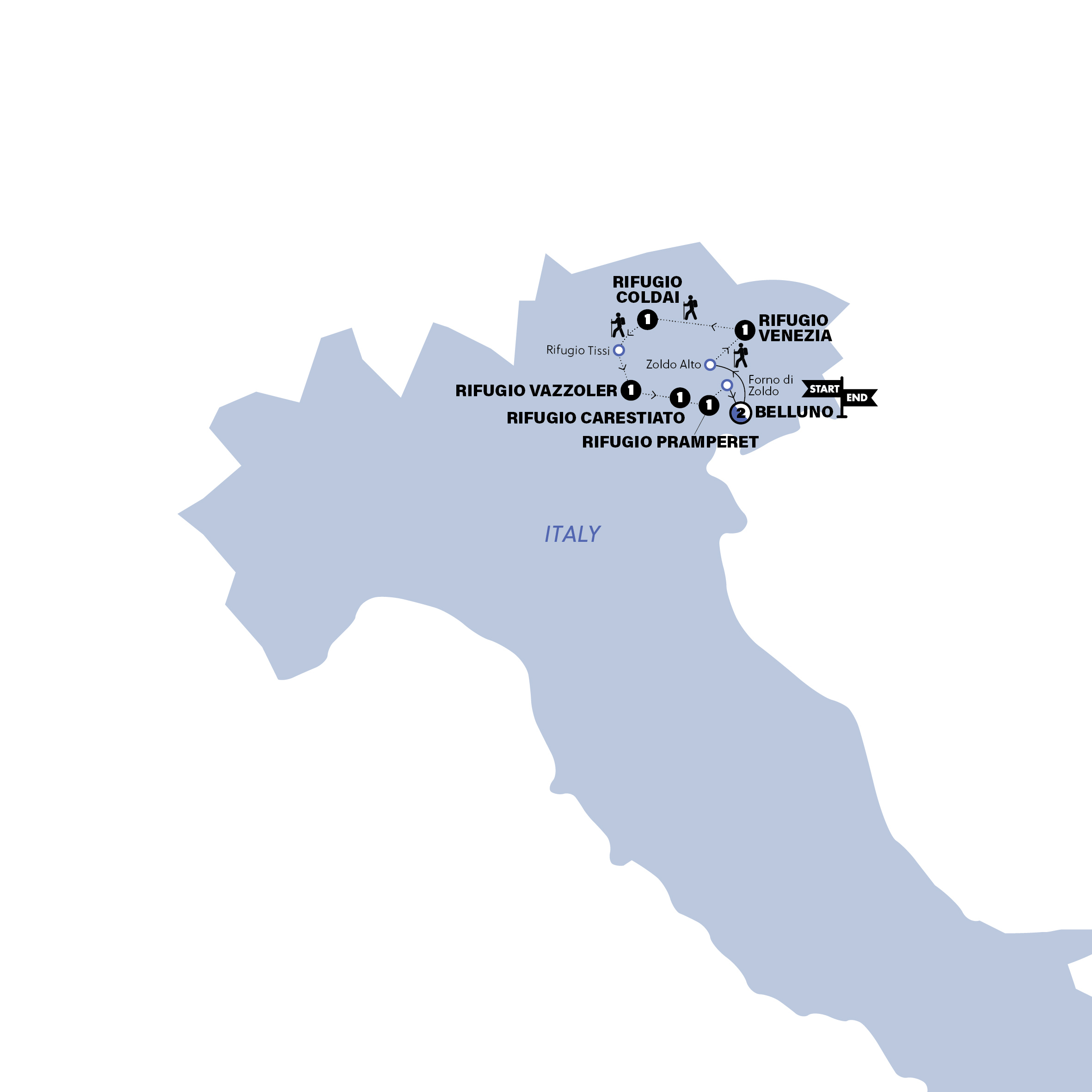 Map of Hiking the Dolomites: Alta Via 1 from Contiki