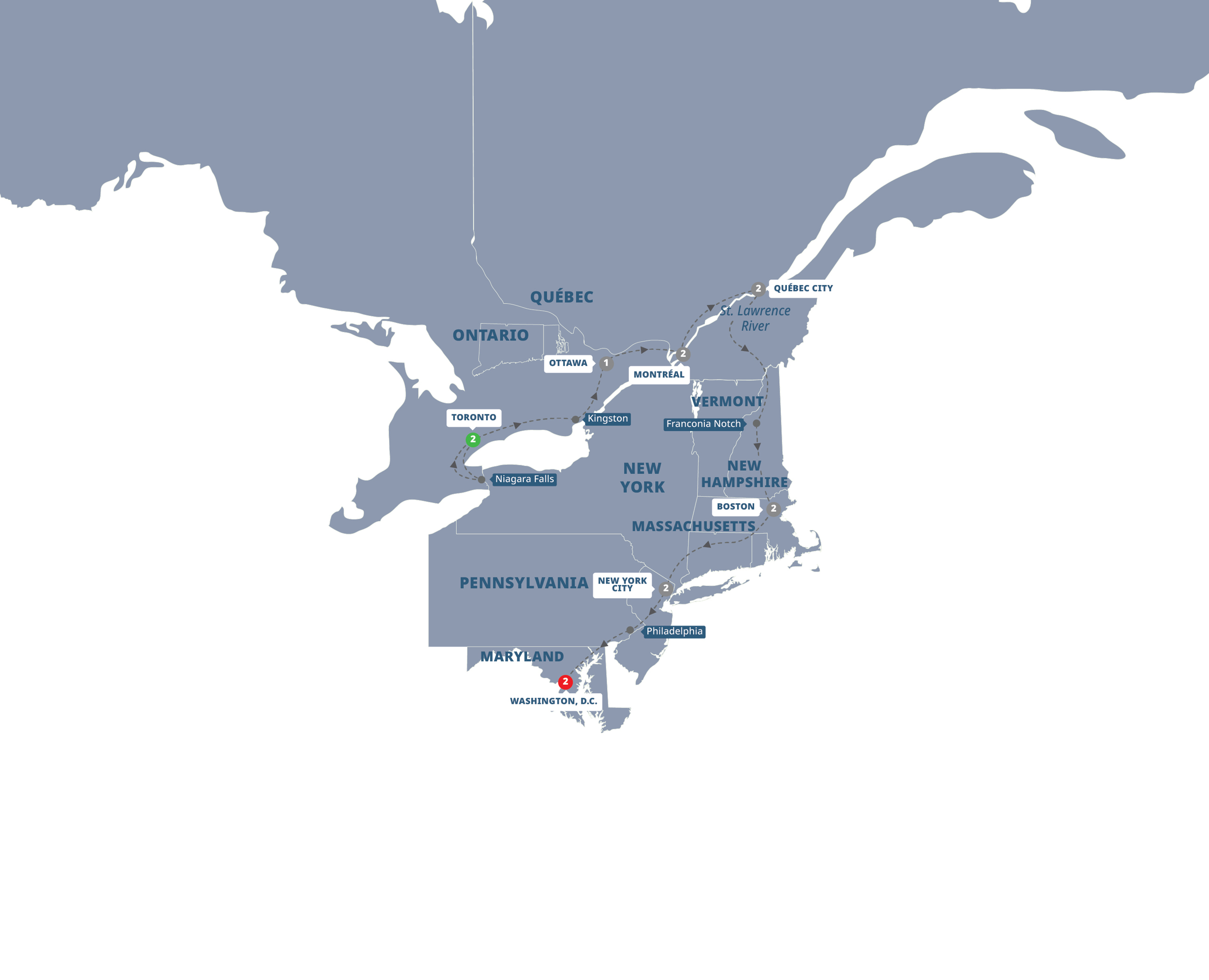 Map of Best of Eastern Canada and USA   from Trafalgar