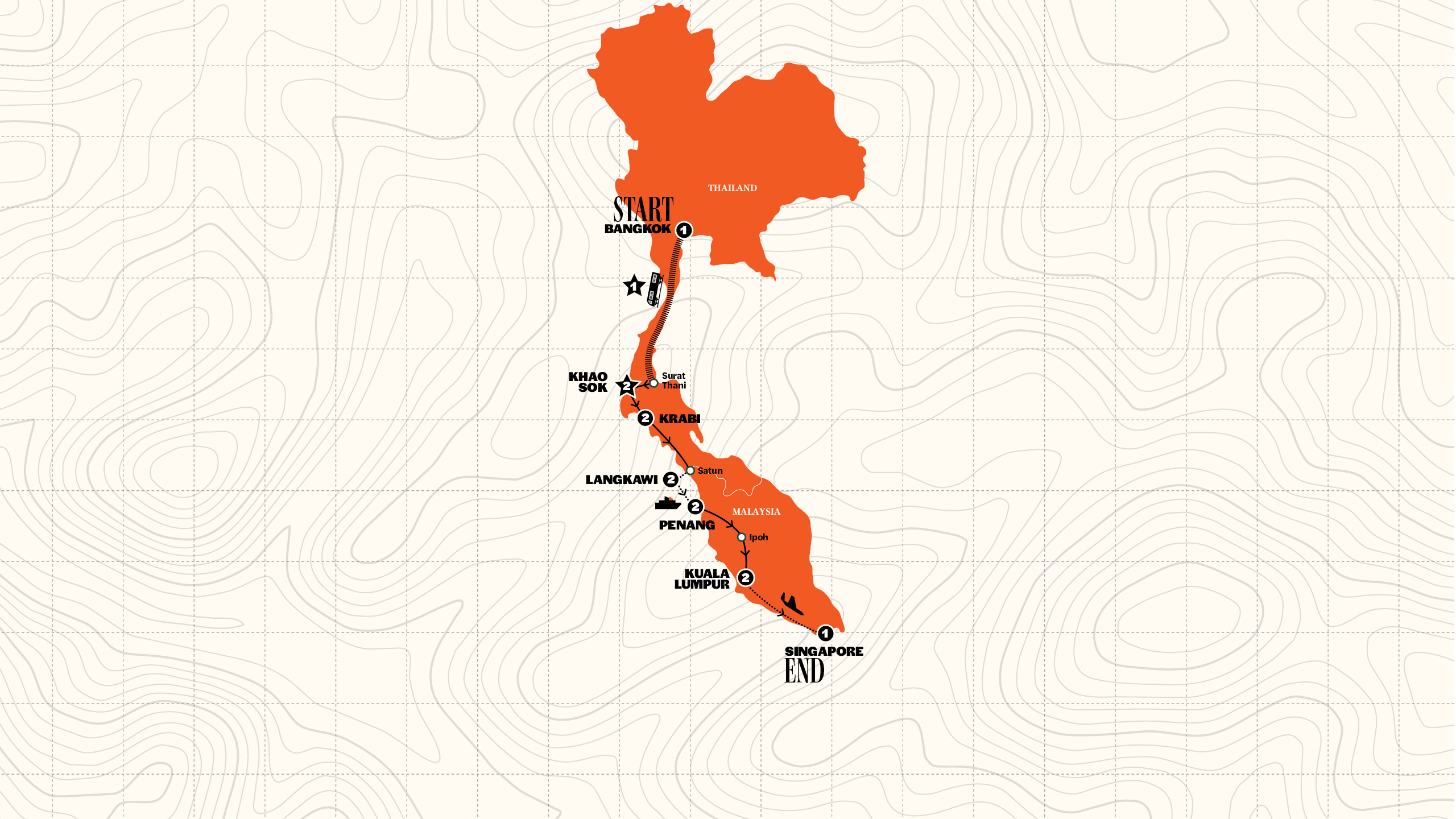 Map of Southern Thailand to Singapore from Contiki