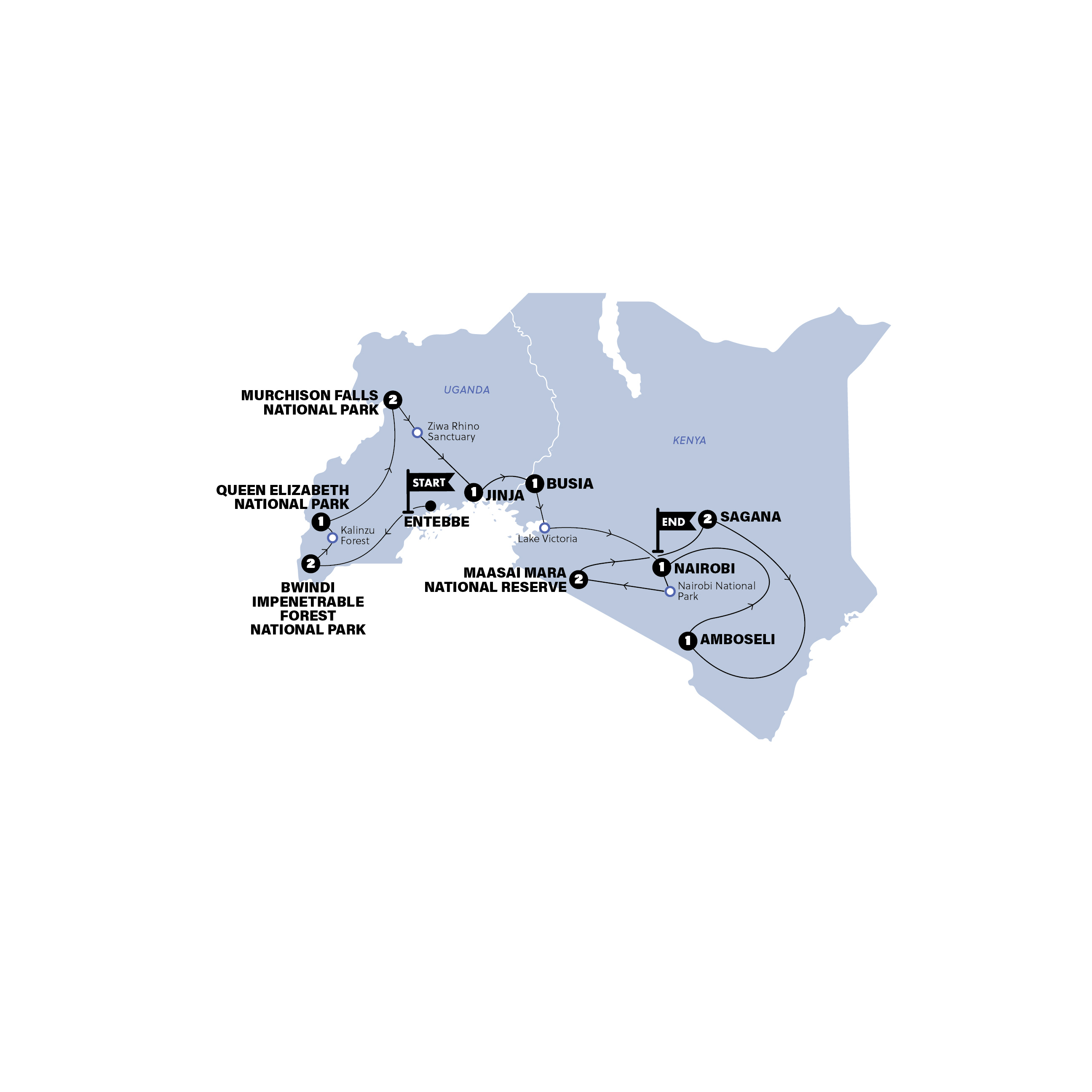 Map of Best of Uganda and Kenya  35 to 45 | Chalet | 2027 from Contiki