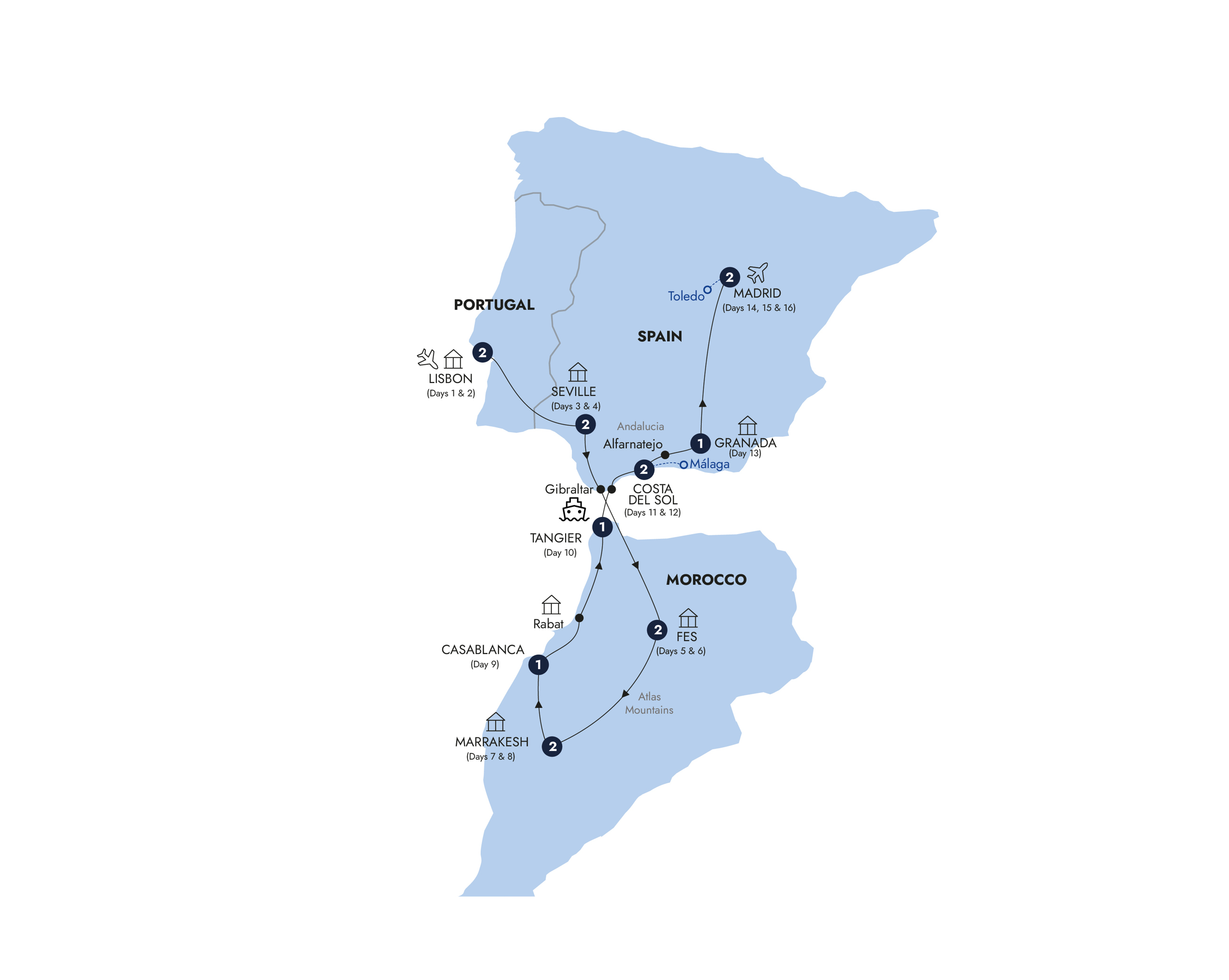 Treasures of Spain, Portugal &amp; Morocco - Classic Group Itinerary Map
