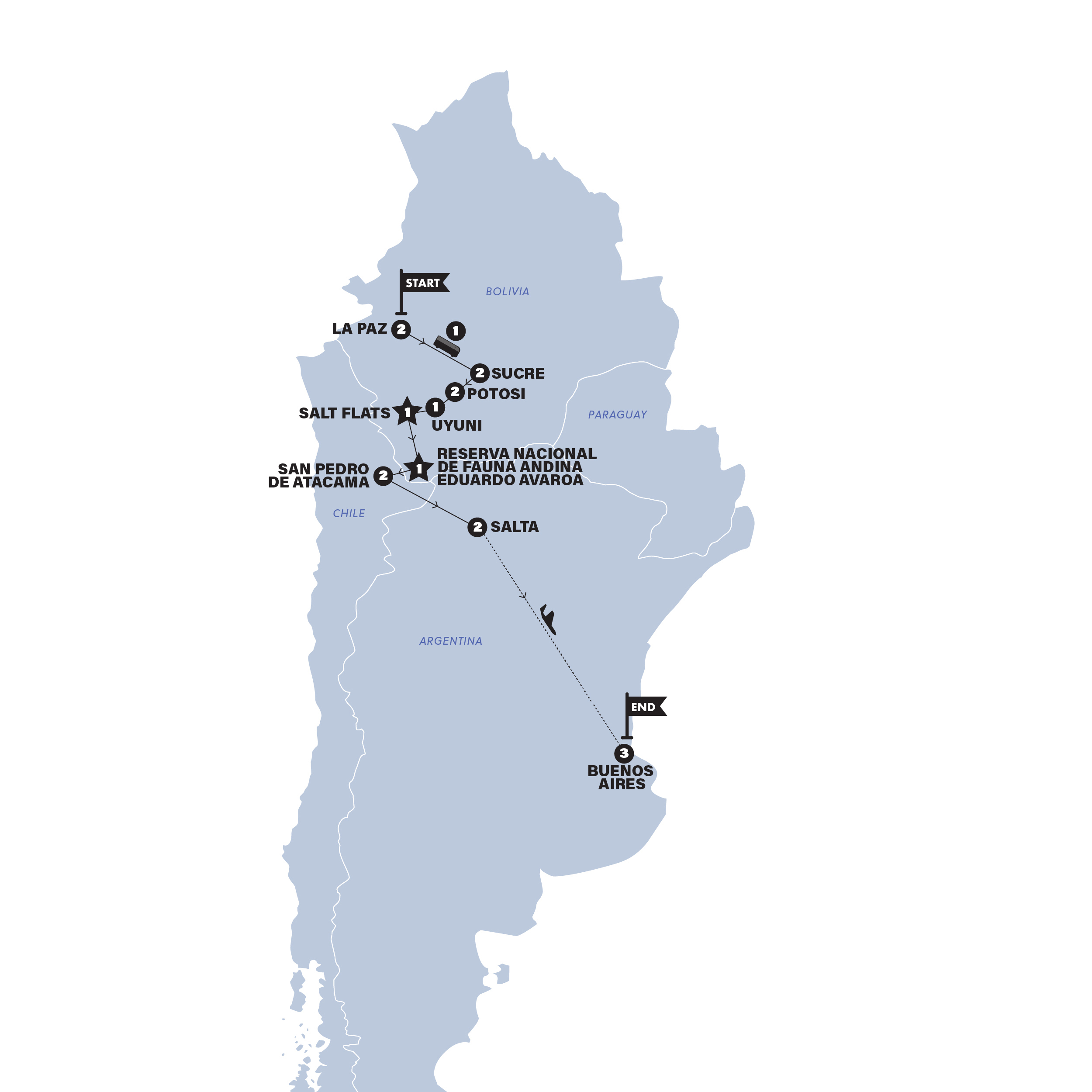 Map of La Paz to Buenos Aires | Summer 2027 from Contiki