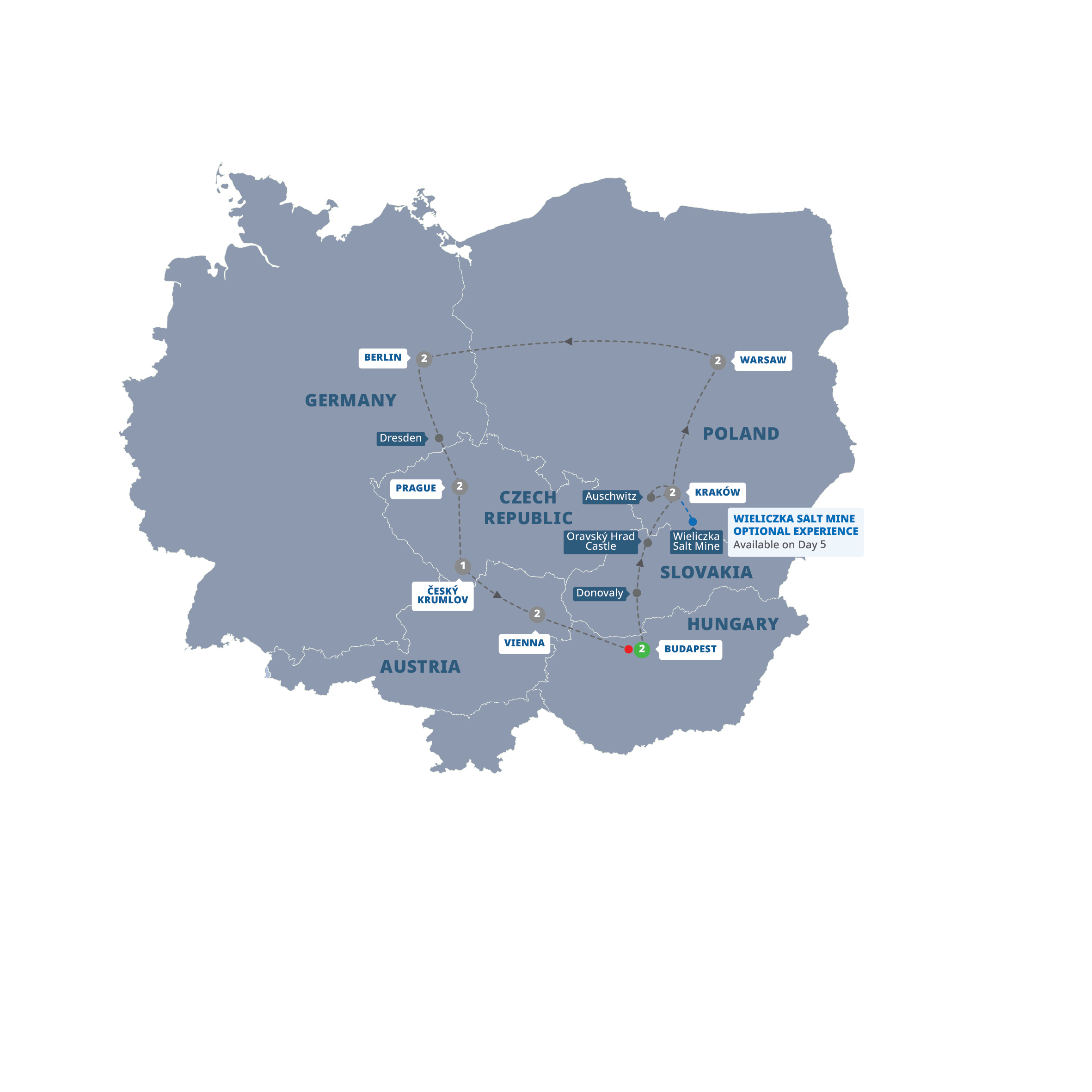 Map of Highlights of Eastern Europe - Premium | End Budapest from Trafalgar