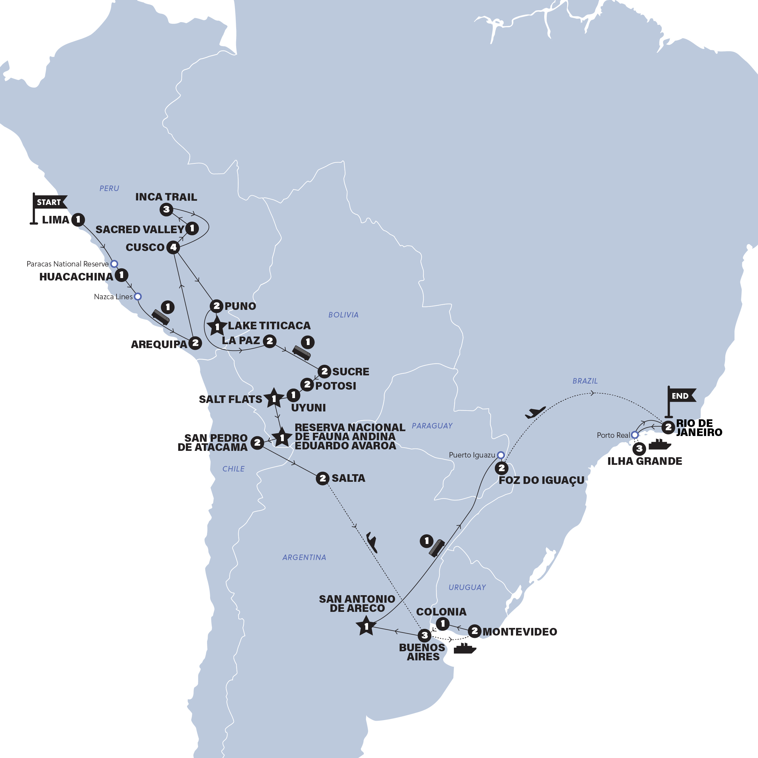 Map of South America: Lima to Rio with Inca Trail Trek | Summer 2027 from Contiki