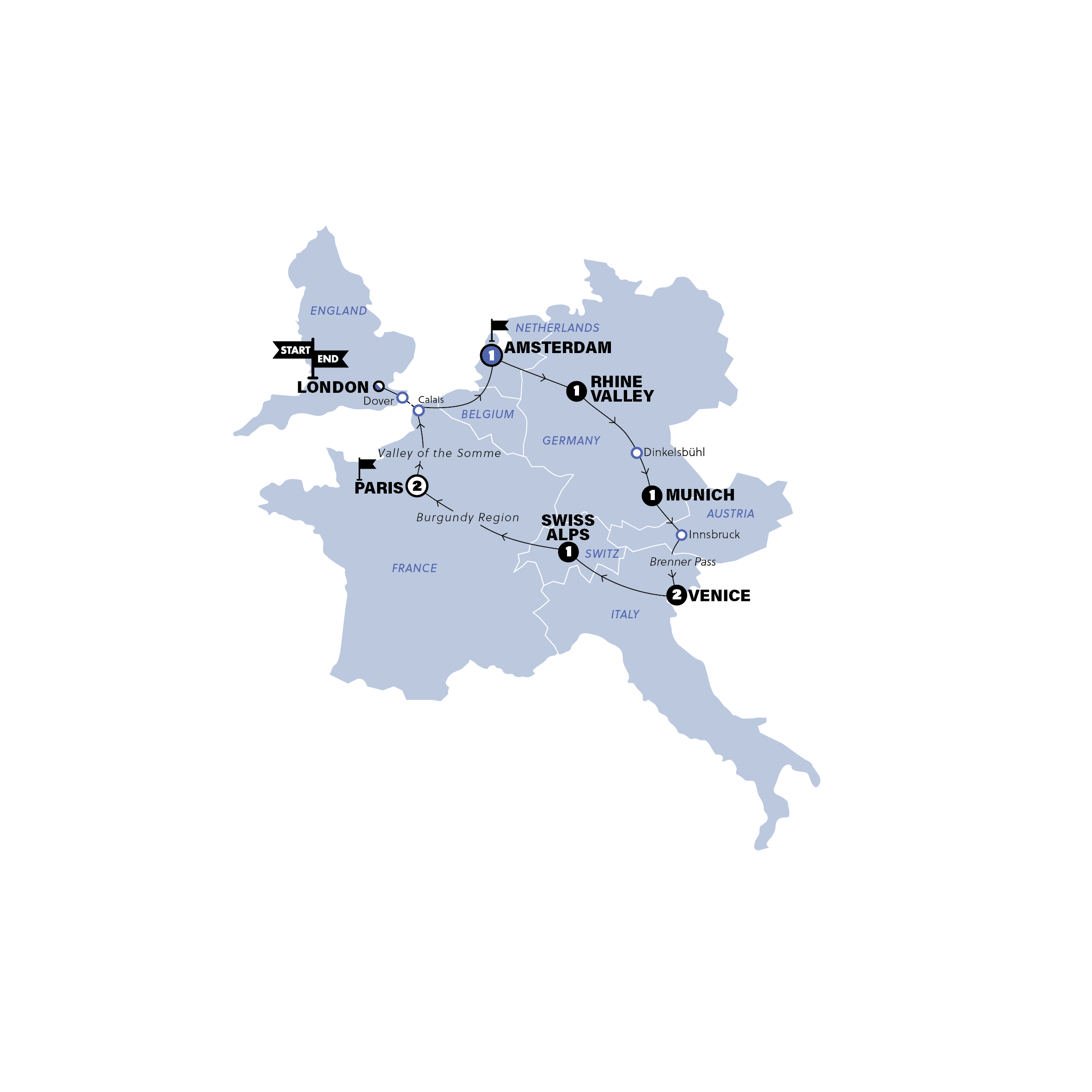 tourhub | Contiki | European Magic | Start Amsterdam | Winter | 2024/25 | Tour Map