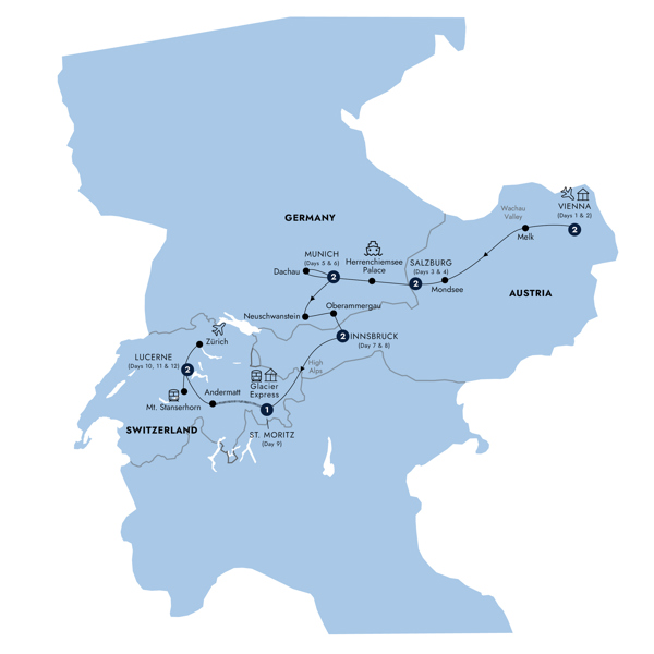 Country Roads of Bavaria, Switzerland & Austria Itinerary Map