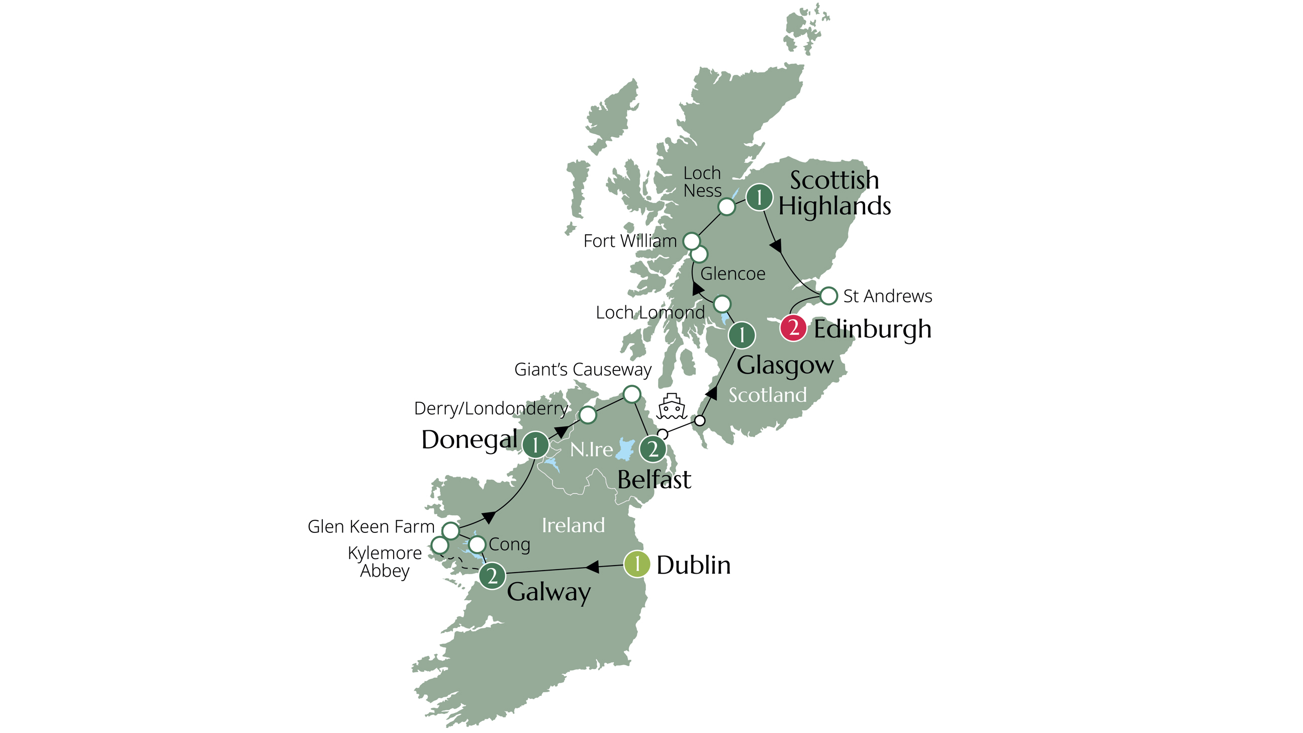 Highlights of Ireland and Scotland Itinerary Map