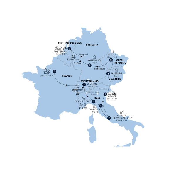 European Discovery - Start Amsterdam, End Paris, Classic Group Itinerary Map