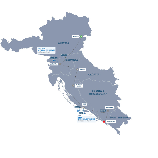 Eastern Capitals & Dalmatian Riviera Itinerary Map