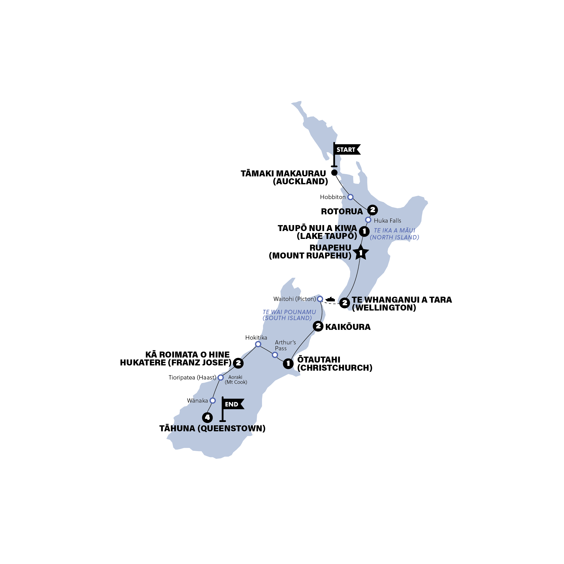 tourhub | Contiki | New Zealand Panorama | Southbound | Oct 2025 - Sep 2026 | Tour Map