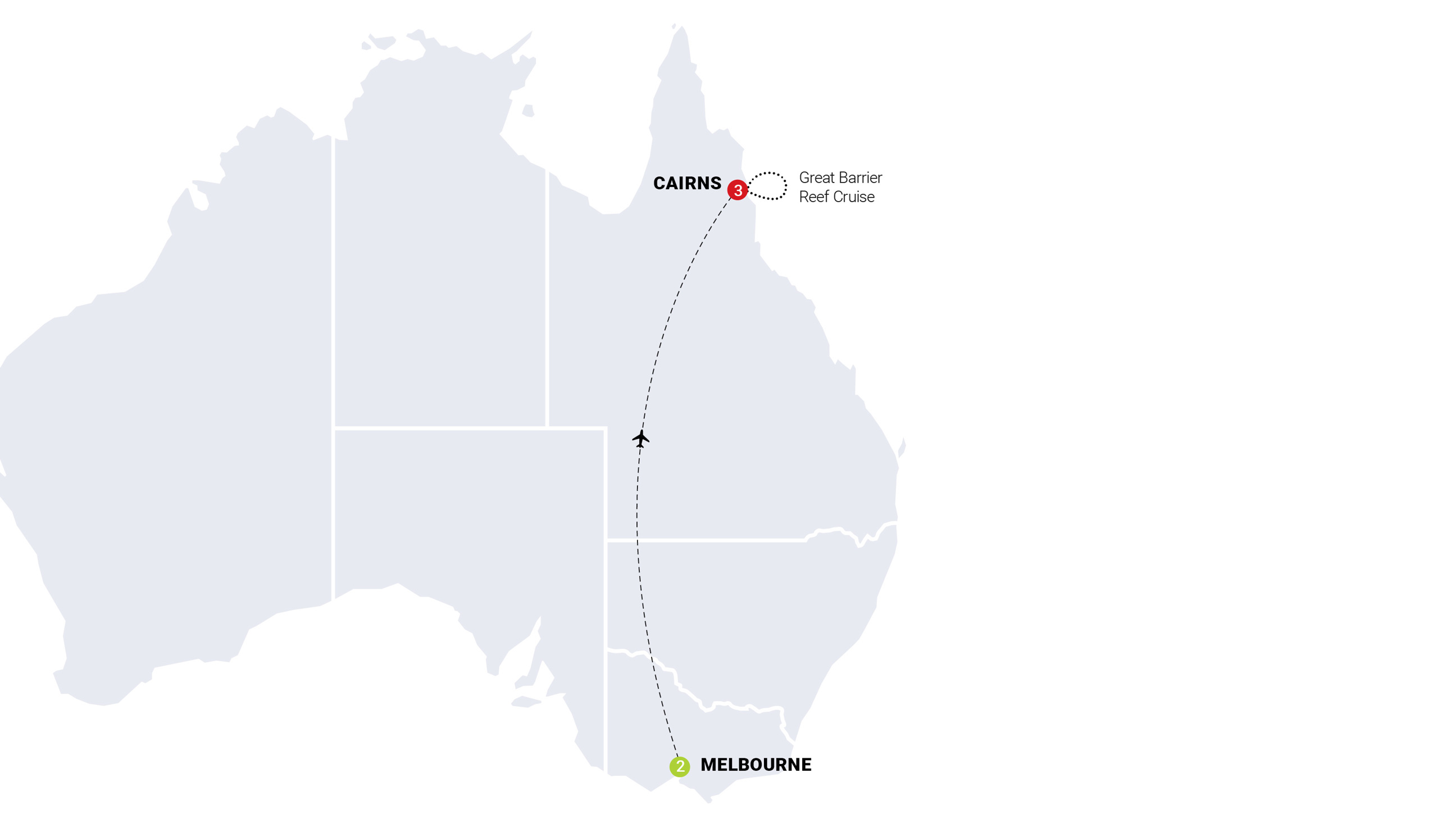 Map of Melbourne to Cairns Highlights Trip