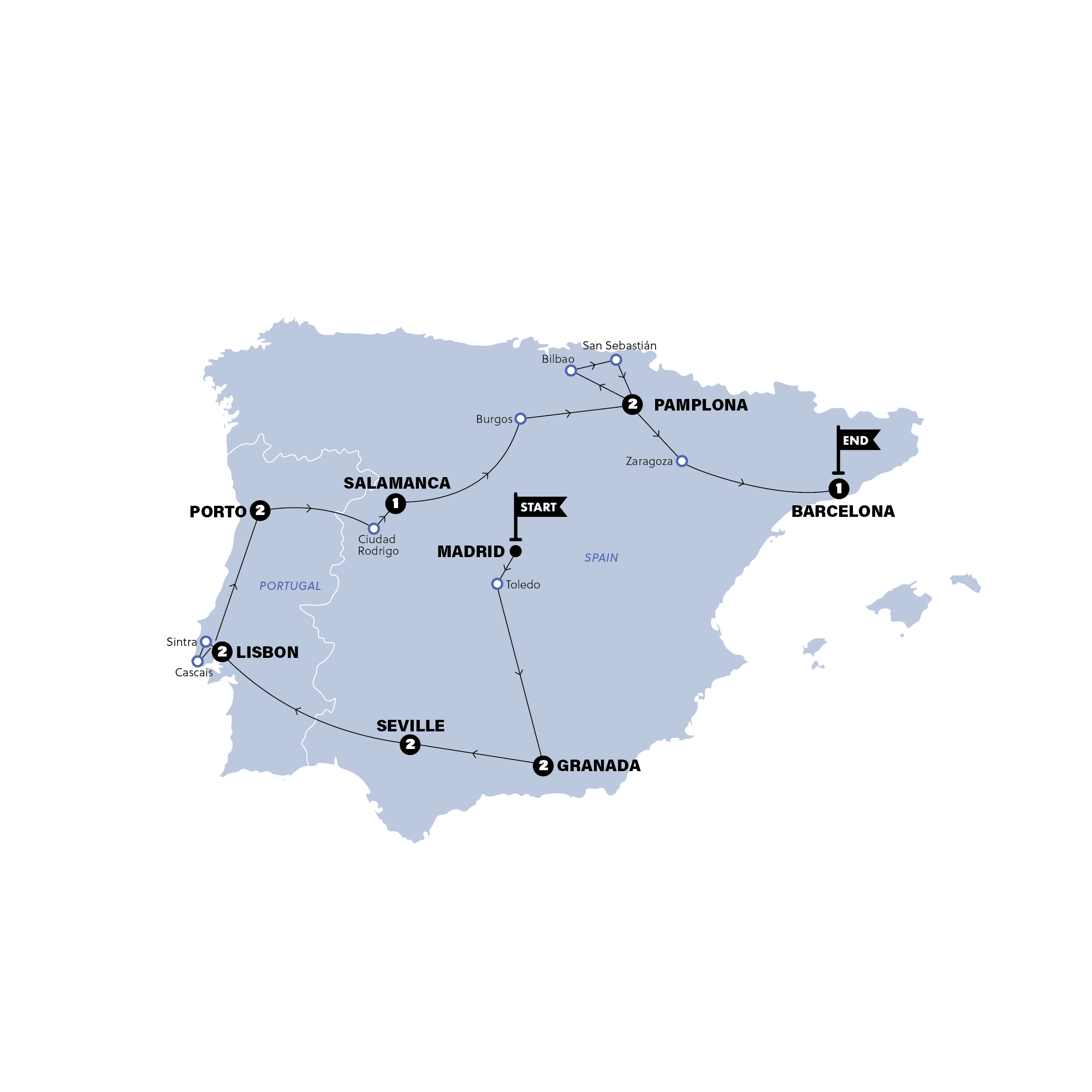 Map of Madrid to Barcelona | Winter from Contiki