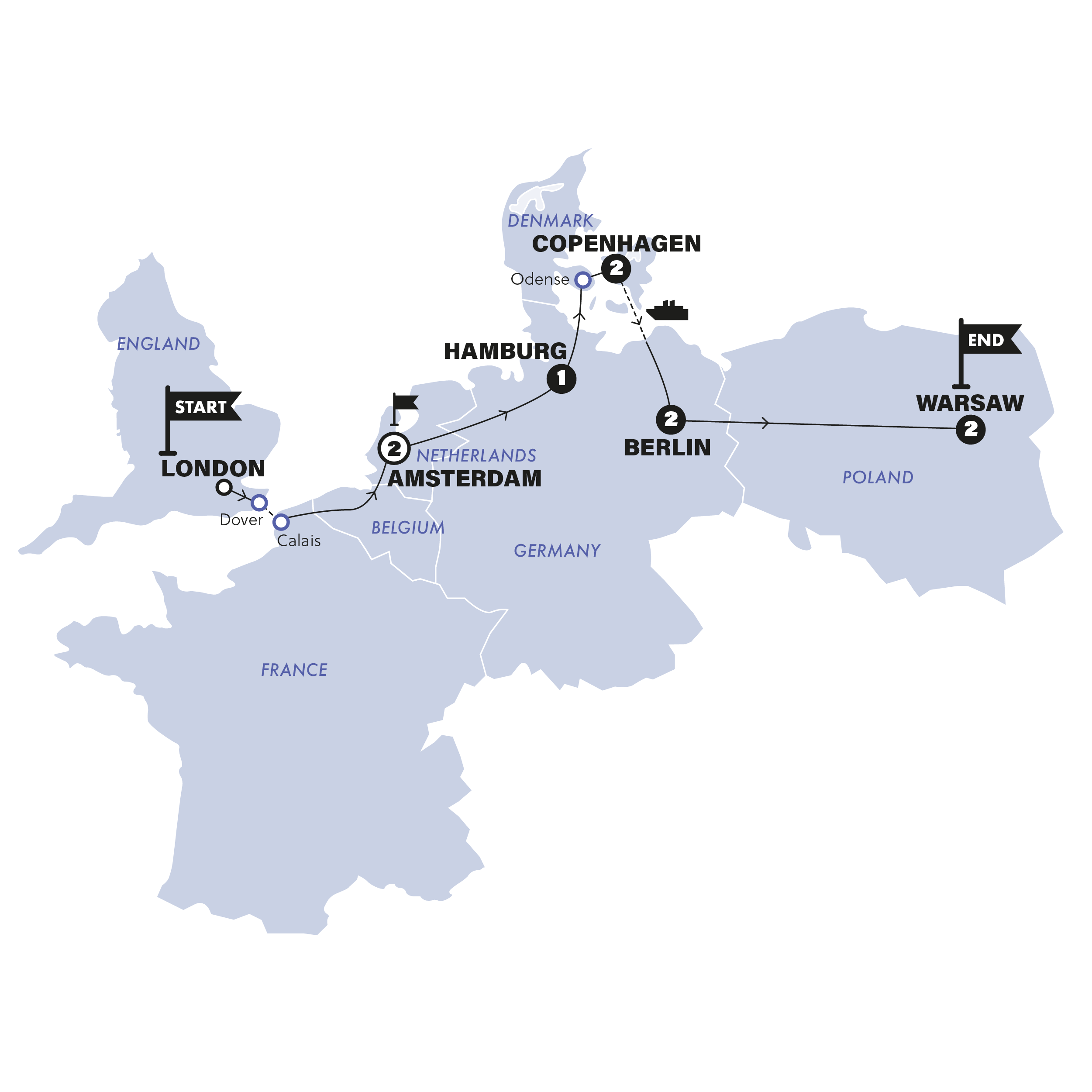 tourhub | Contiki | London to Warsaw Vistas | Start Amsterdam | Summer | 2025 | Tour Map