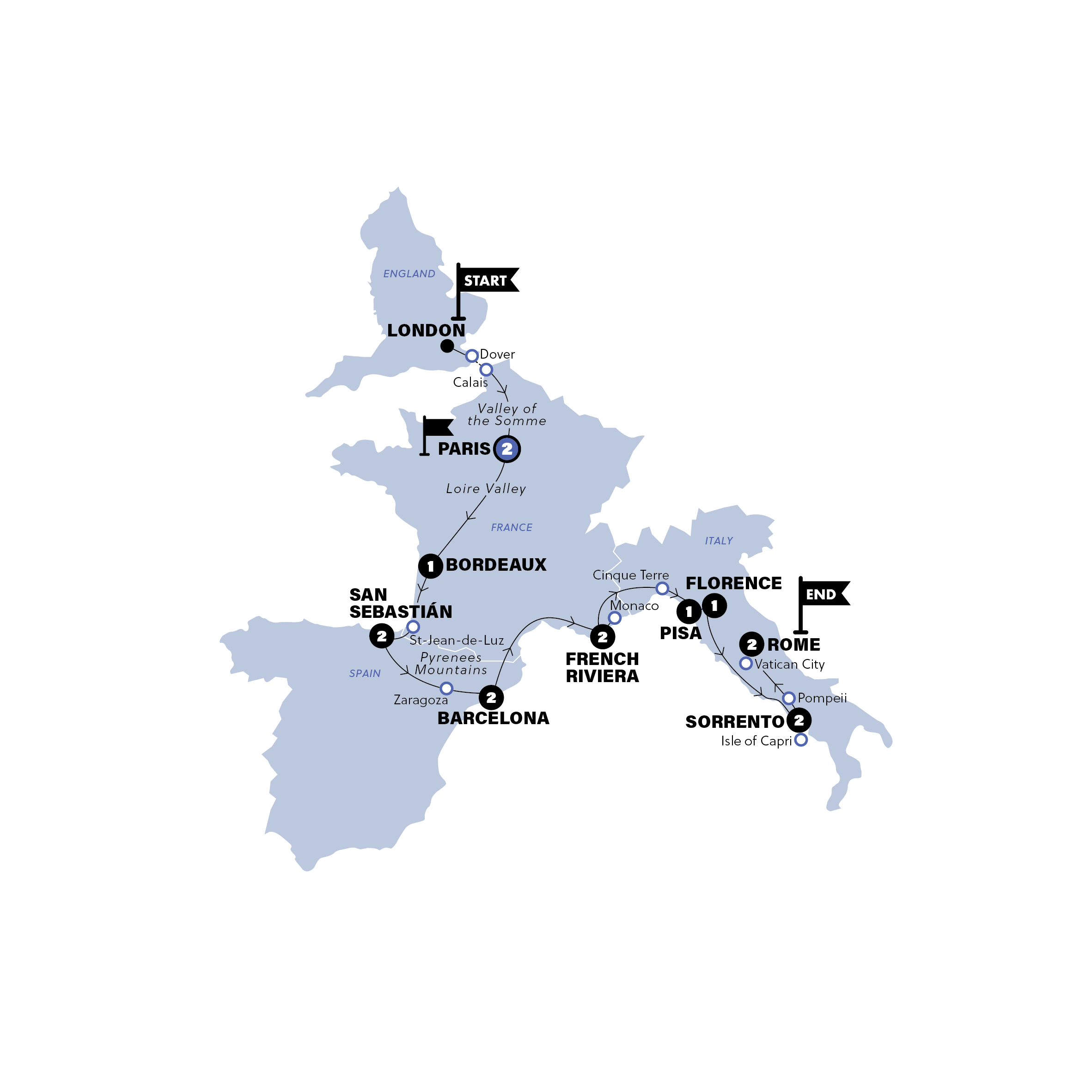 tourhub | Contiki | London to Rome Quest | Start London | Summer | 2026 | Tour Map