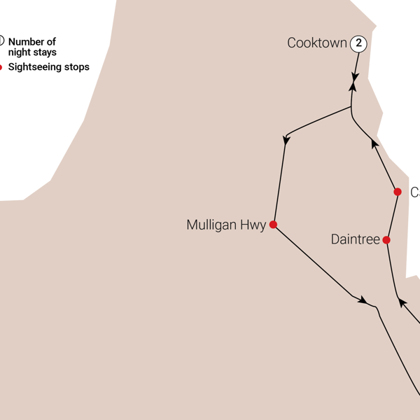 Cape Tribulation and Cooktown Wanderer Itinerary Map