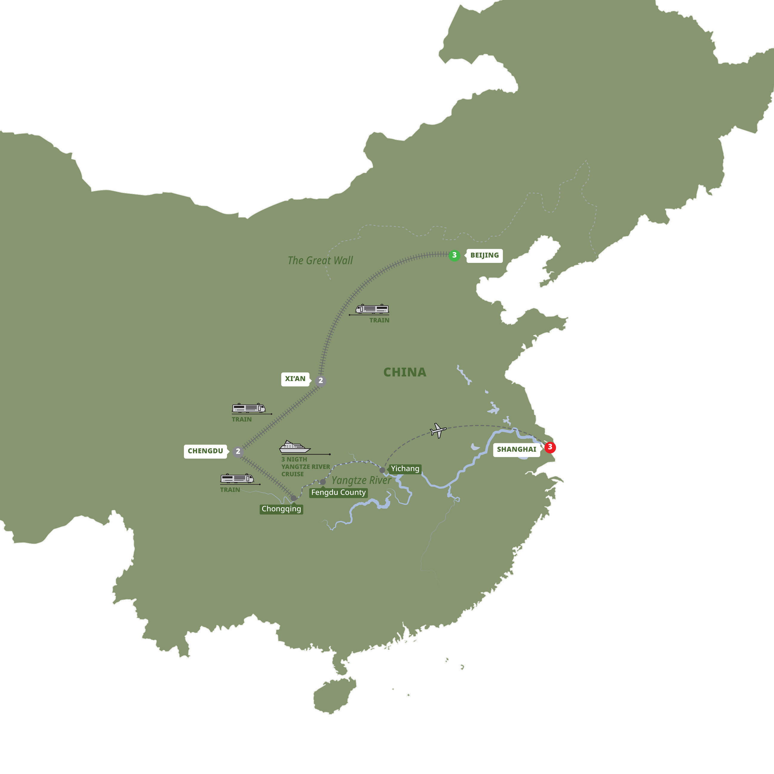 Map of Best of China with Yangtze Cruise from Trafalgar