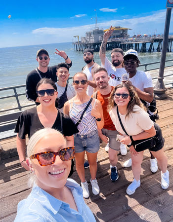 Travellers having a Selfie on Promenade in front of Pier, Los Angeles, California