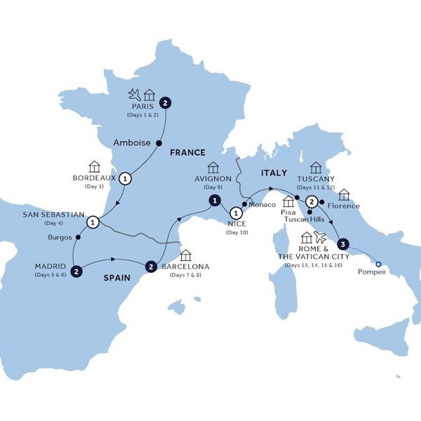 Mediterranean Journey - Start Paris, Classic Group Itinerary Map