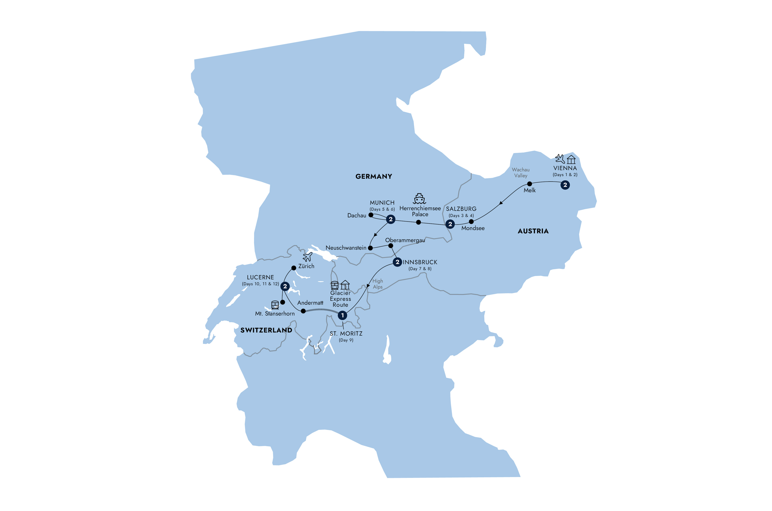 Map of Country Roads of Bavaria, Switzerland & Austria from Insight Vacations