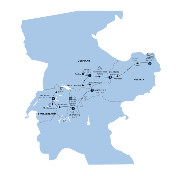 Country Roads of Bavaria, Switzerland & Austria Itinerary Map