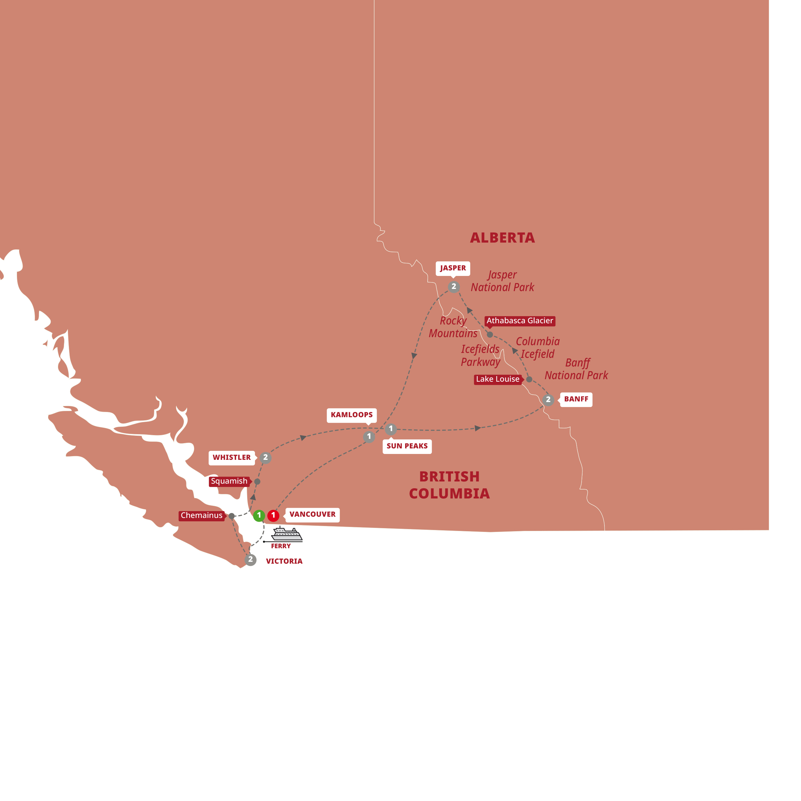 tourhub | Trafalgar | Iconic Rockies and Western Canada | Tour Map