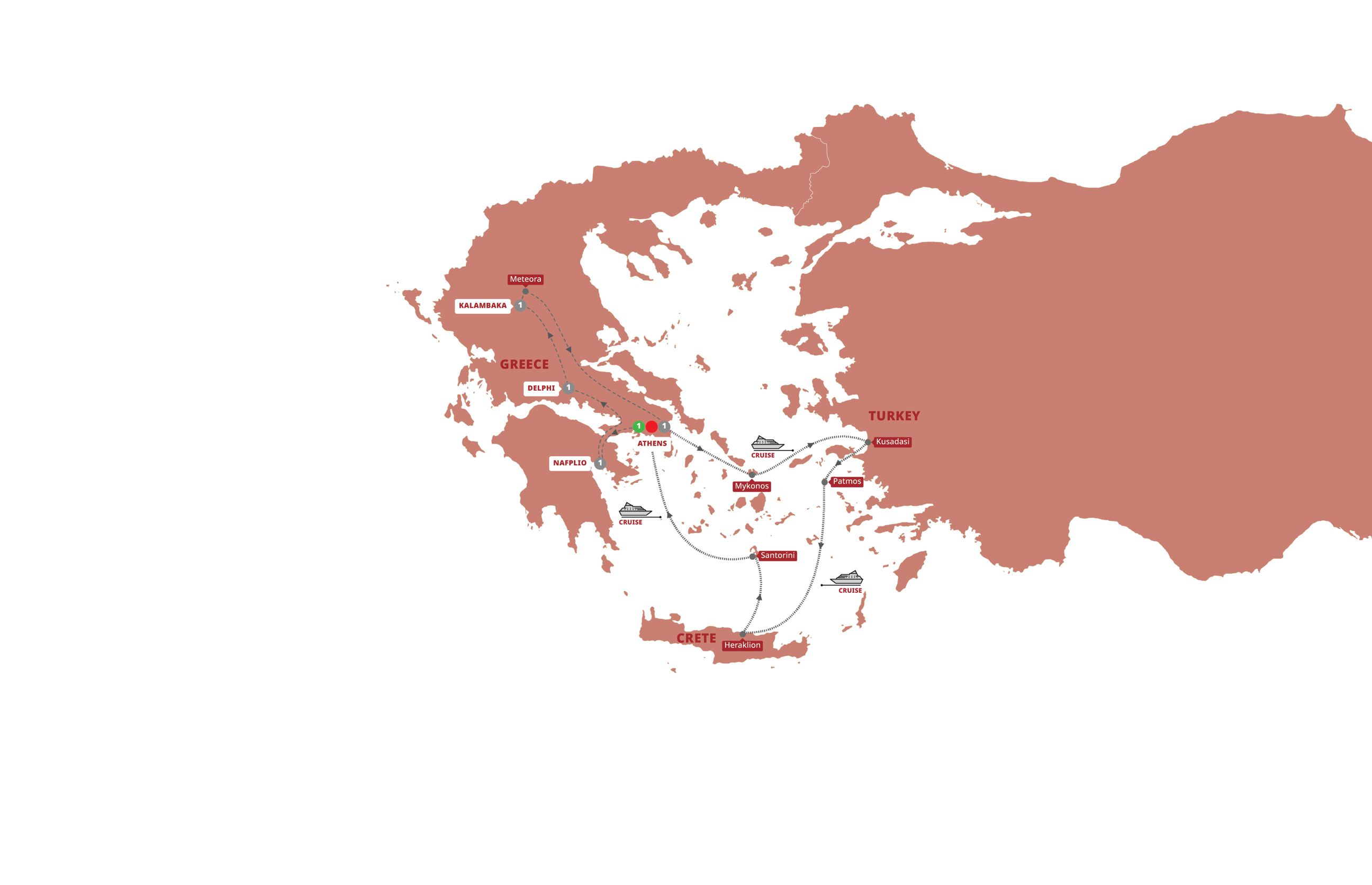 Map of Greek Spotlight with Cruise Small Group (Moderate B Cabins) from Trafalgar