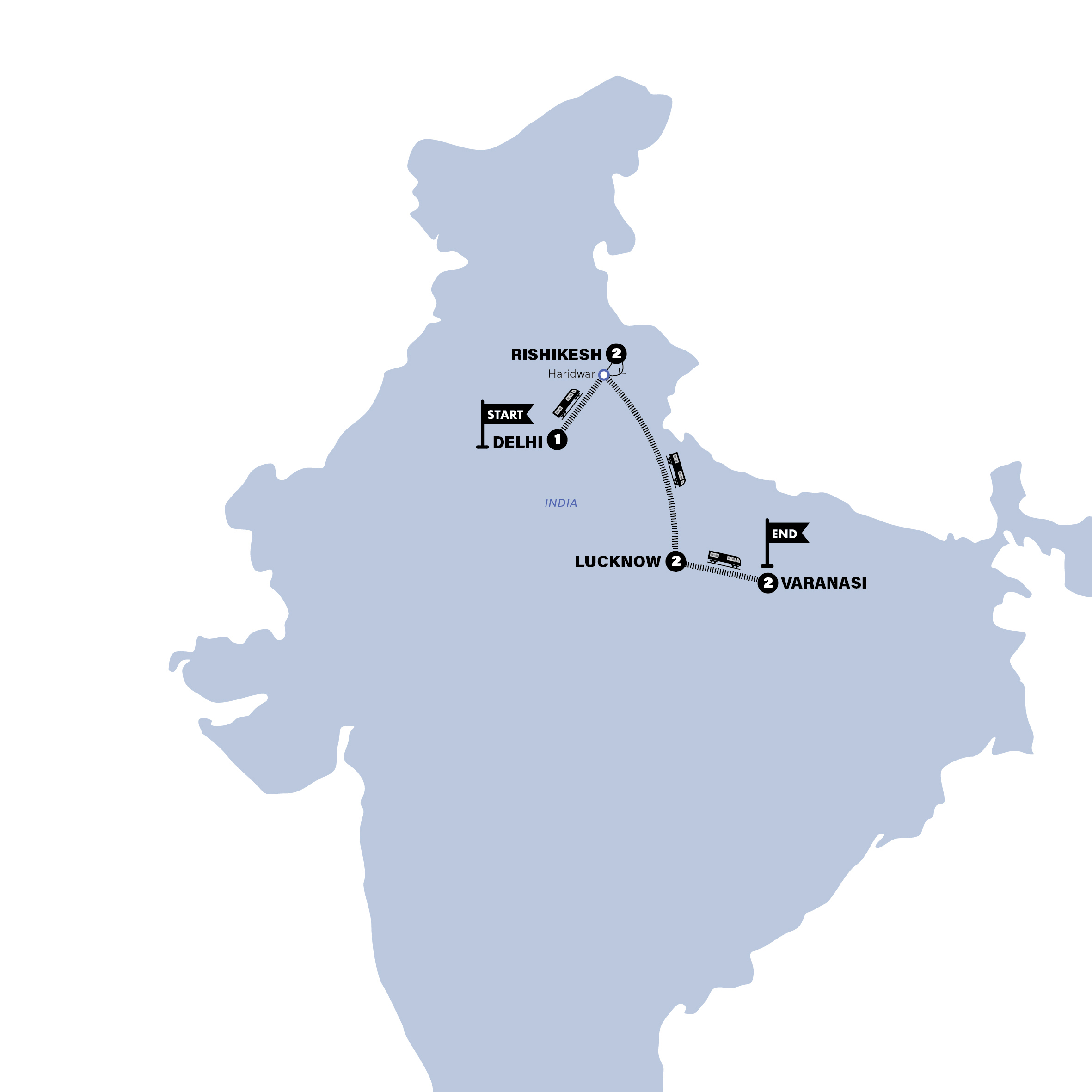 Map of India: Delhi to Varanasi by Train  from Contiki