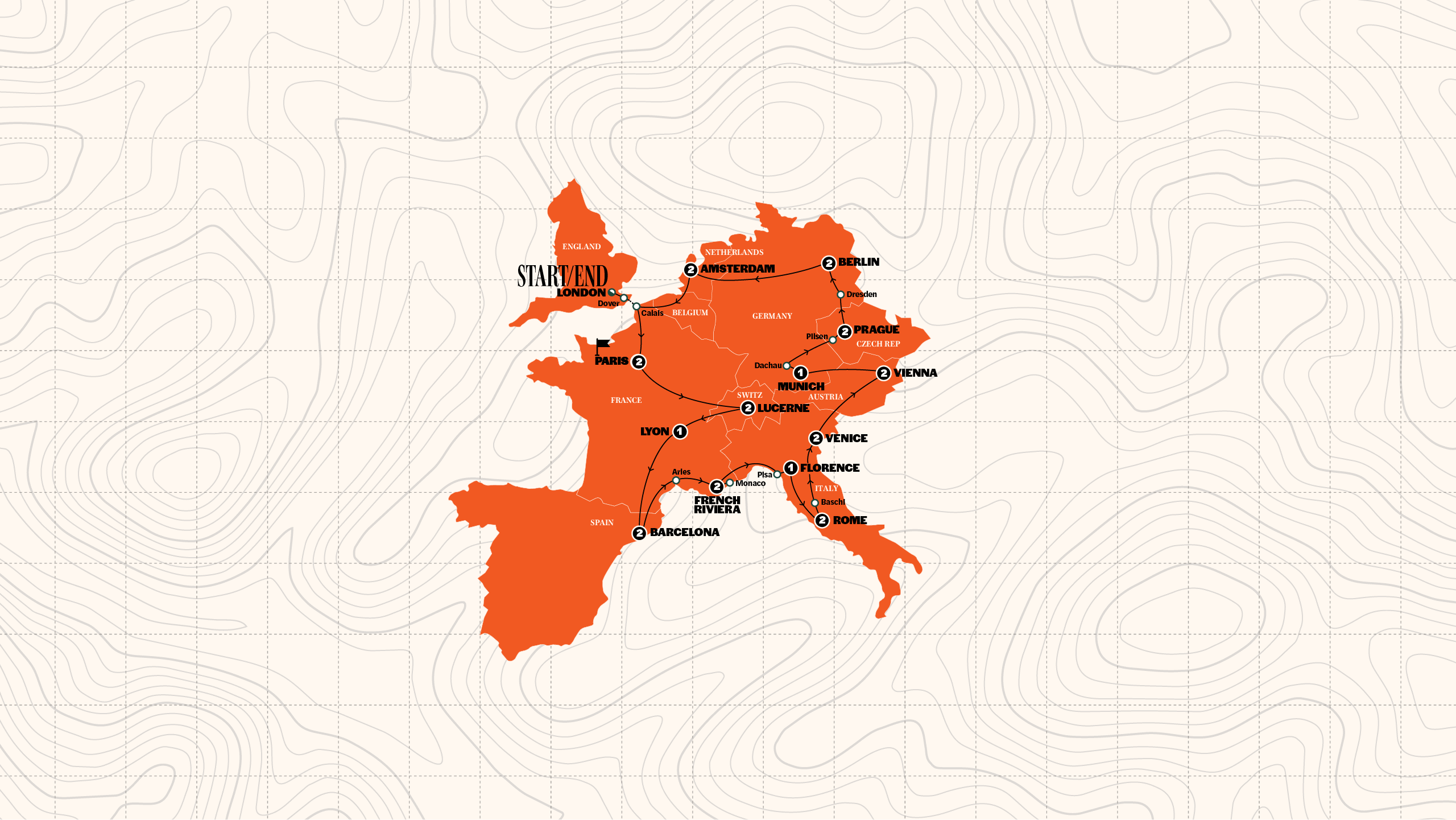 Map of European Escapade | Hotels | Start Paris | Winter 2026/2027 from Contiki