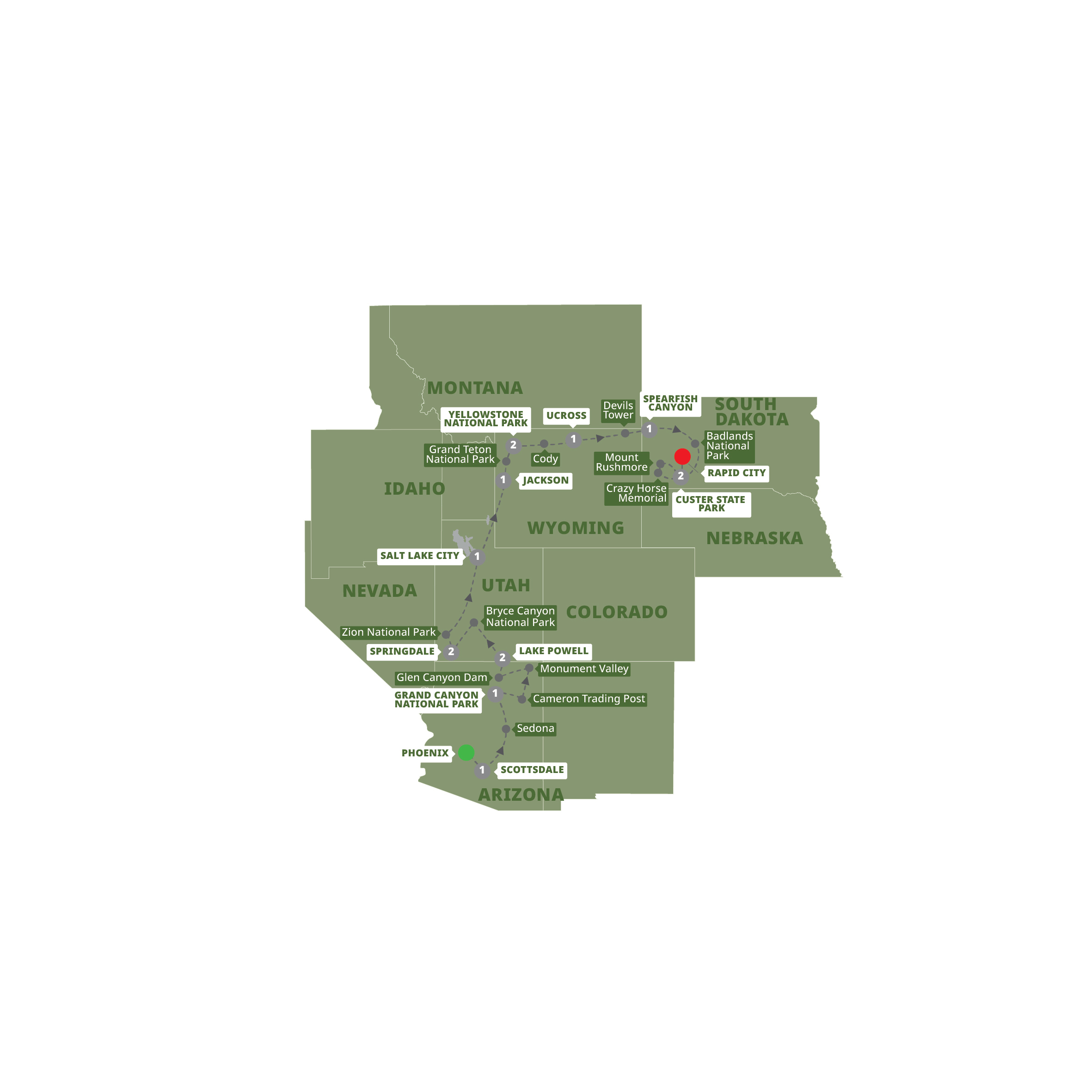 Map of America's Magnificent National Parks - end Rapid City from Trafalgar