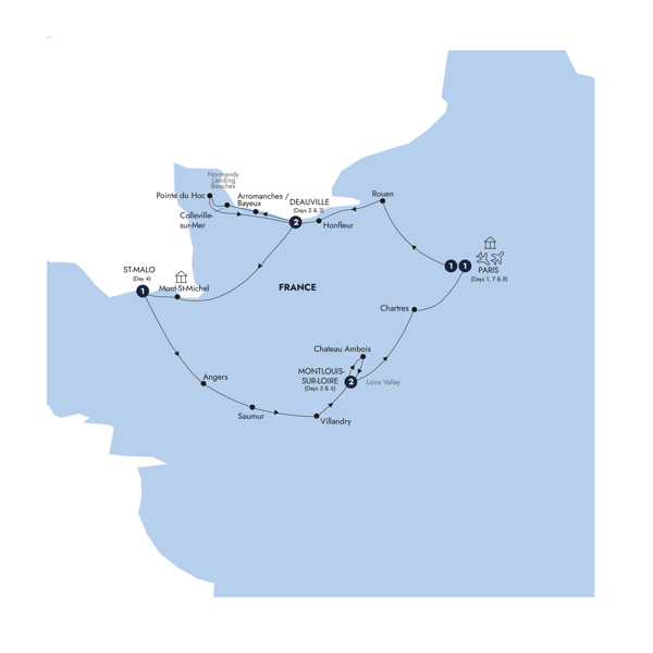 Normandy, Brittany & The Loire Valley Itinerary Map