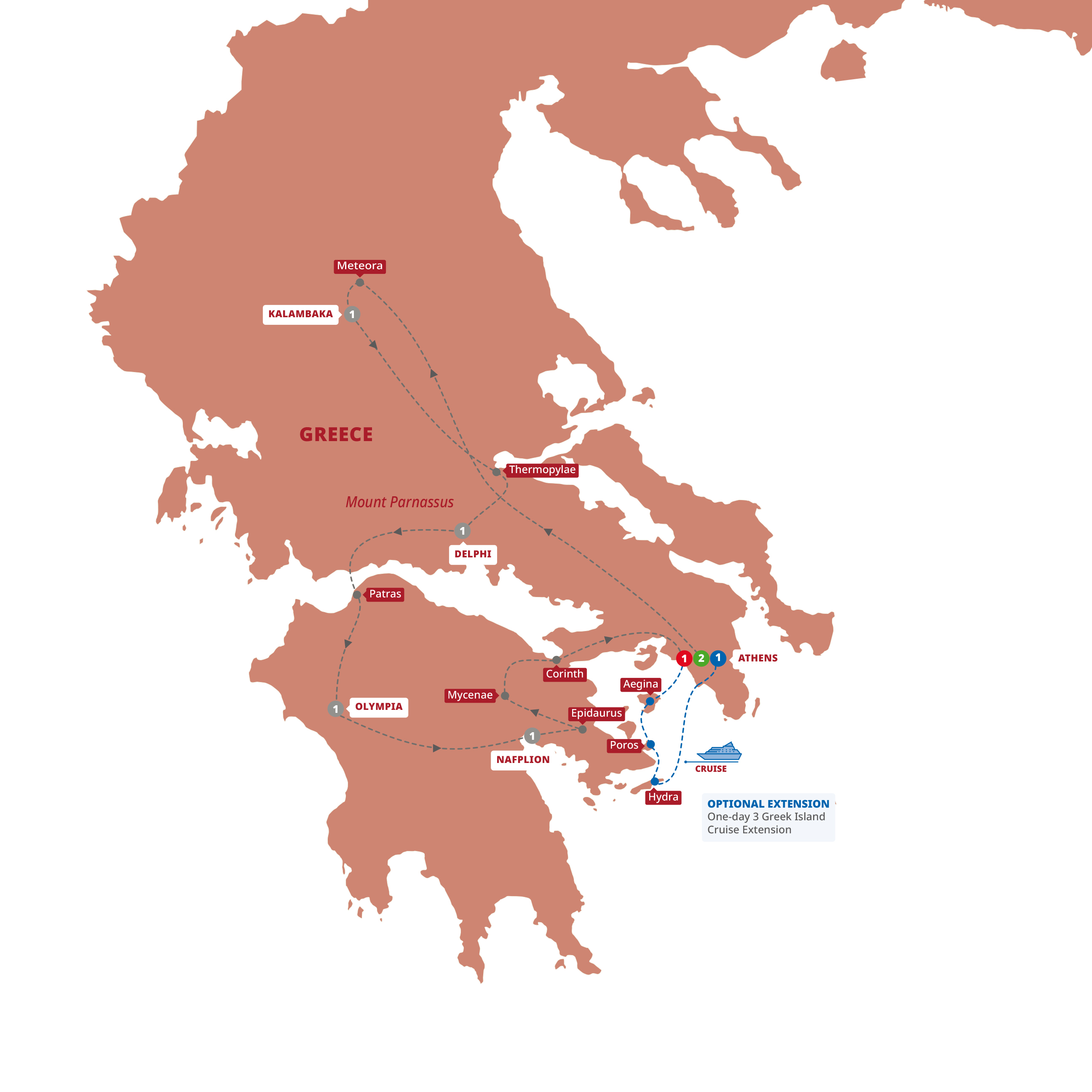 tourhub | Trafalgar | Best of Greece Reverse with One-Day 3-Island Cruise | Tour Map