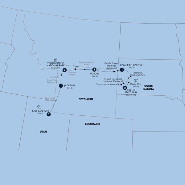 American Parks Trail - End Rapid City, Classic Group Itinerary Map