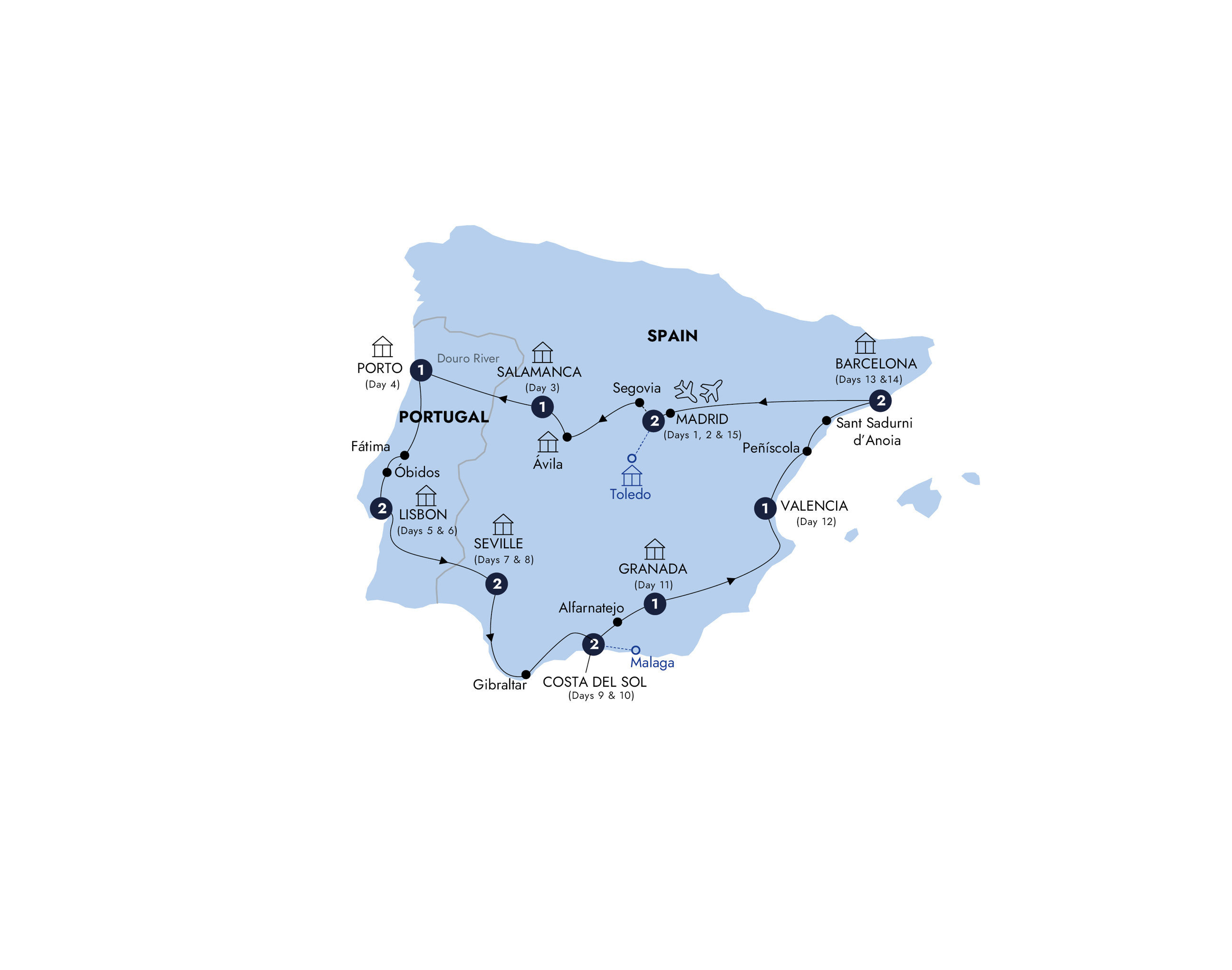 Map of Best of Spain & Portugal - End Madrid, Classic Group, Winter (2026 - 2027) from Insight Vacations