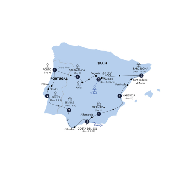 Best of Spain & Portugal - End Madrid, Classic Group, Summer Itinerary Map