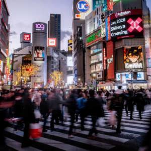 Shibuya Crossing illuminated at night in Tokyo, Japan, on Contiki's Japan in a Week 35 to 45 Tour