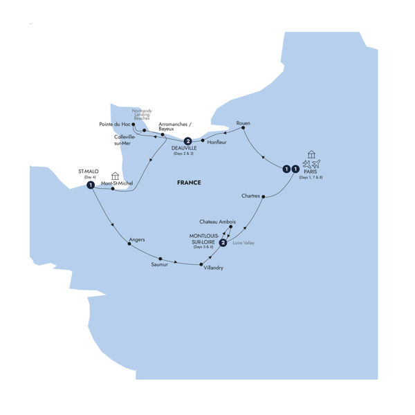 Normandy, Brittany & The Loire Valley - Classic Group Itinerary Map
