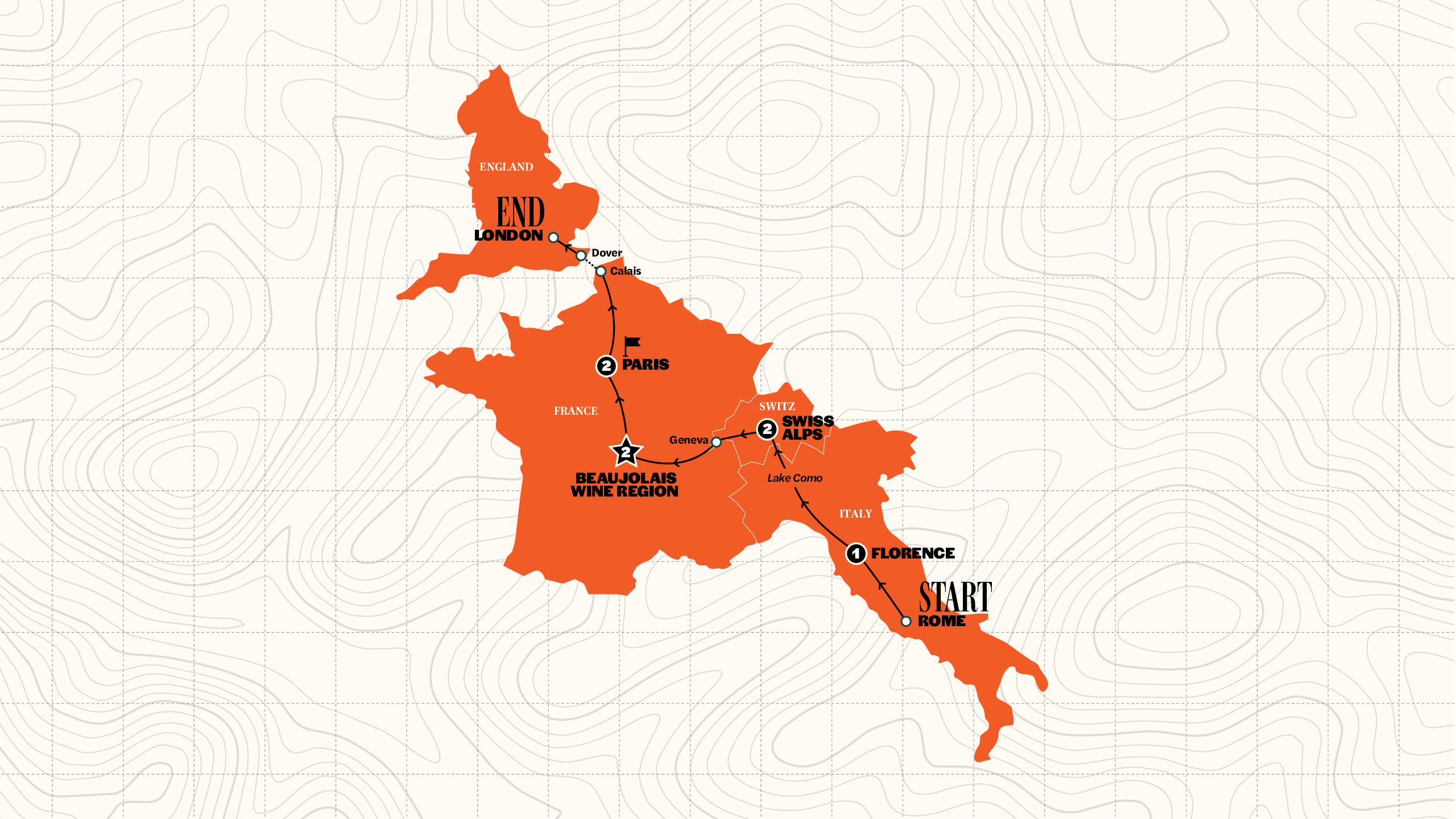Map of Rome to London Trail | Hotels | Winter 2027/28 from Contiki