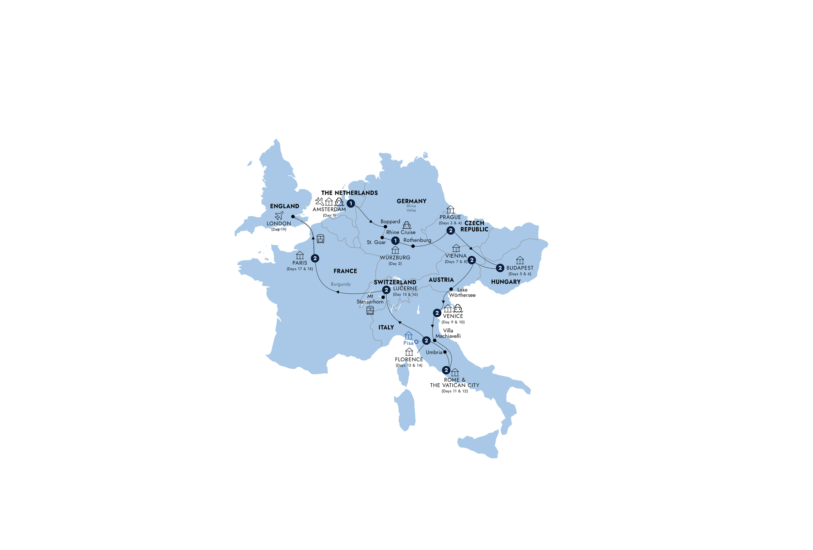 Romantic European - Start Amsterdam, End Paris, Classic Group Itinerary Map