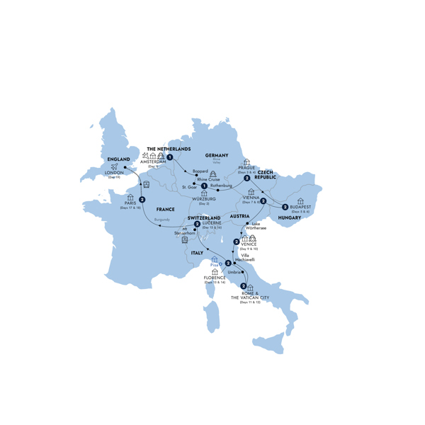 Romantic European Start Amsterdam Itinerary Map