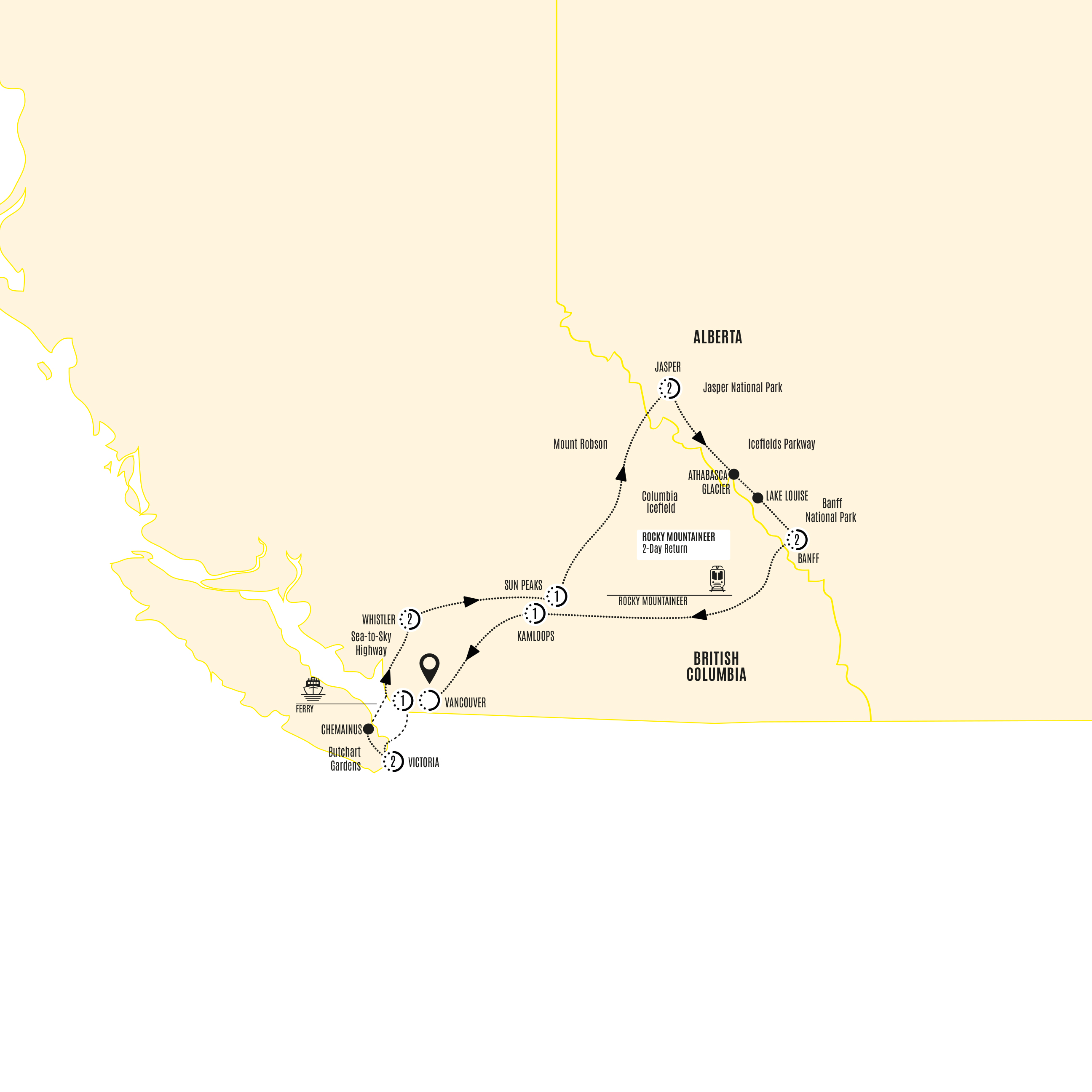 tourhub | Costsaver | Panoramic Canadian Rockies with Rocky Mountaineer Silverleaf | Tour Map