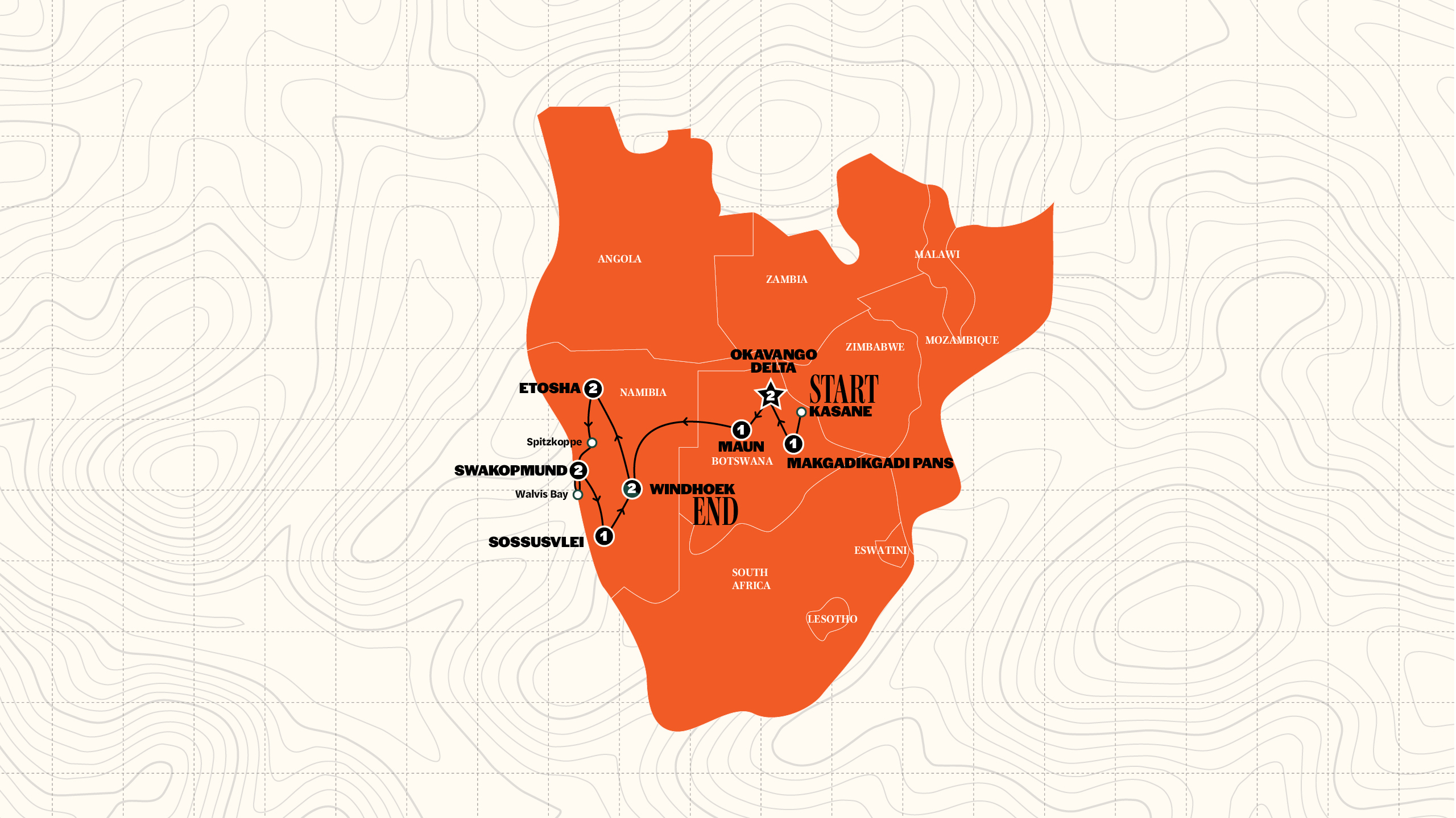 Map of Best of Botswana & Namibia | 2027 from Contiki