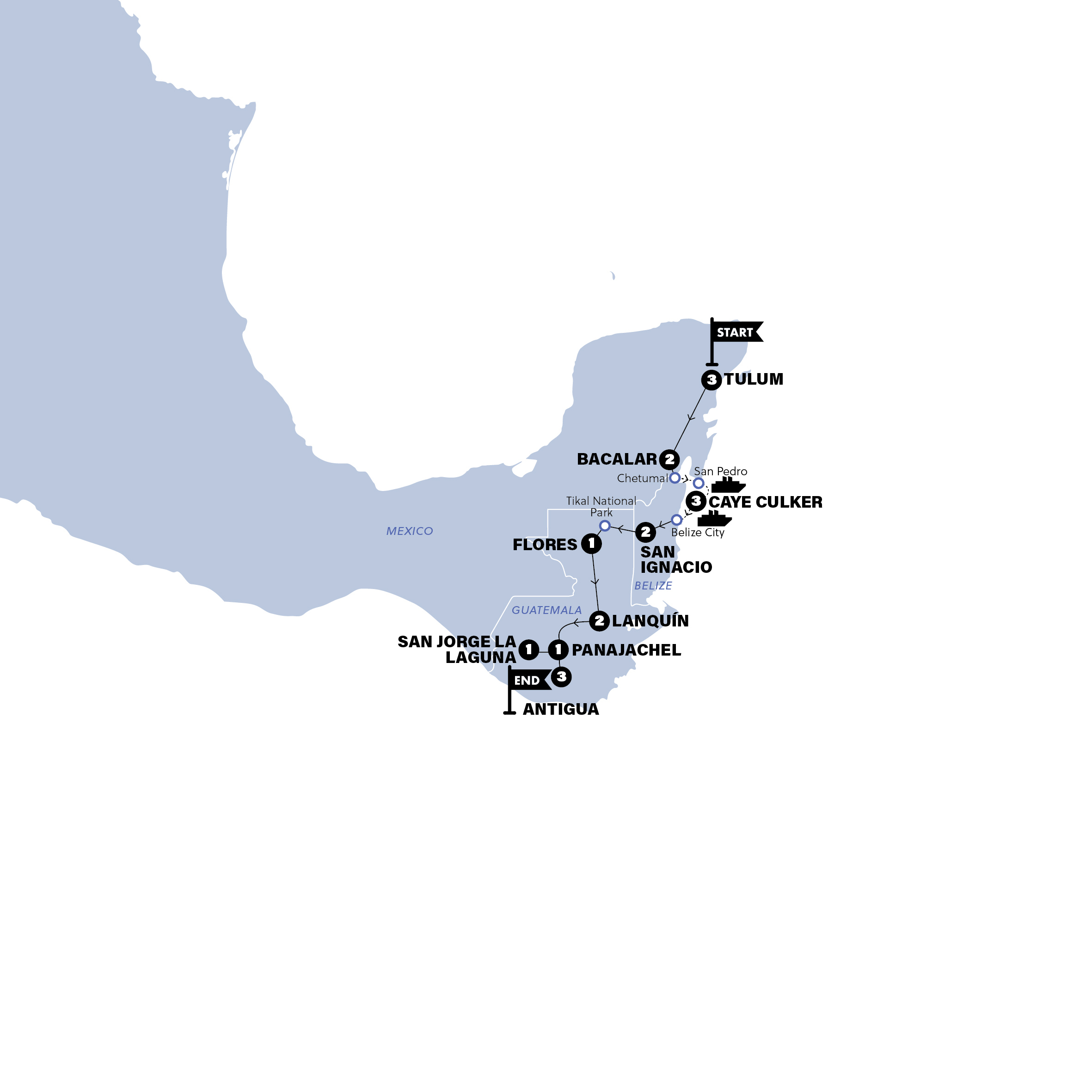 Map of Tulum to Antigua from Contiki