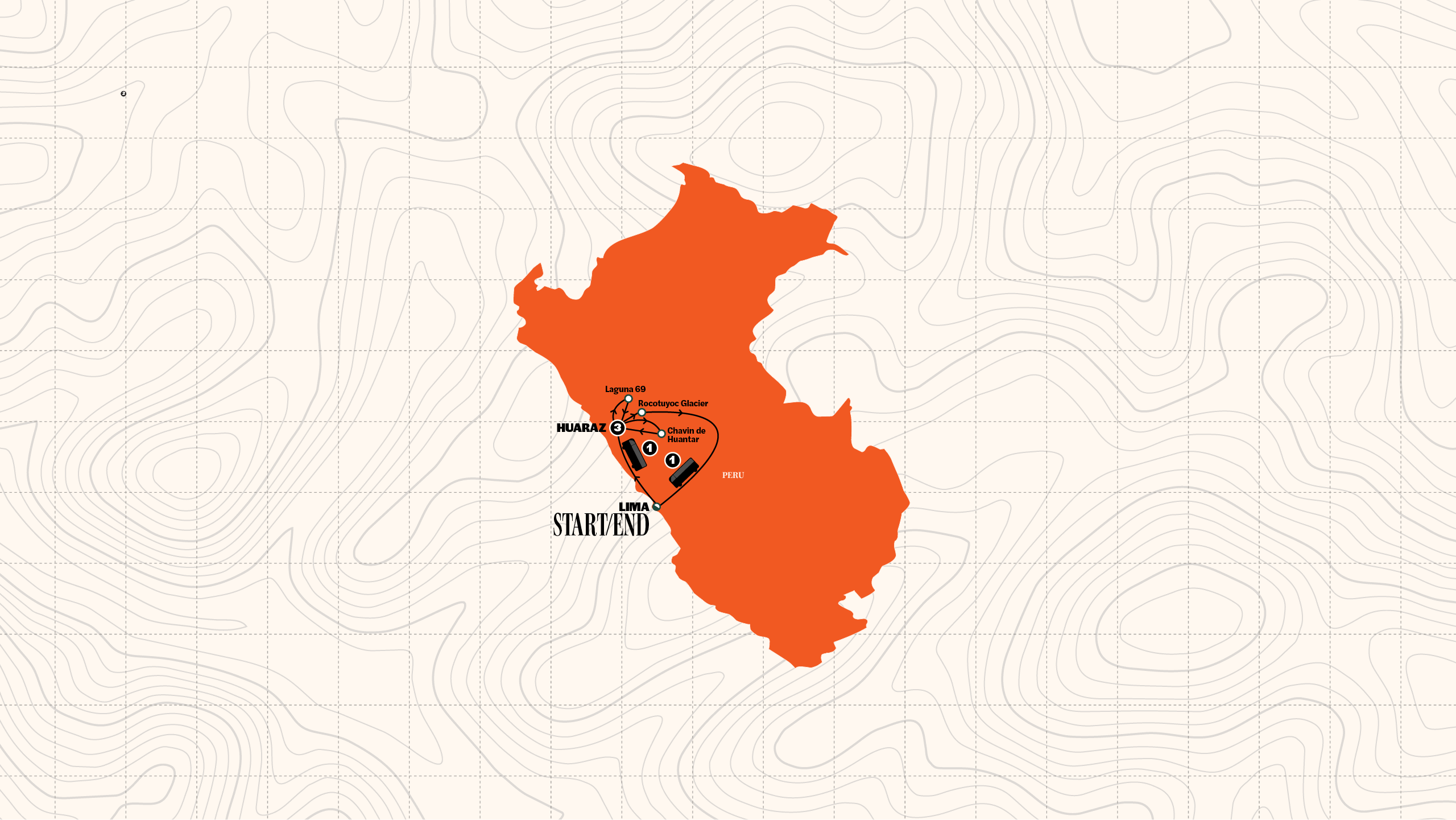 Map of Active Peru: Lima to Huaraz from Contiki