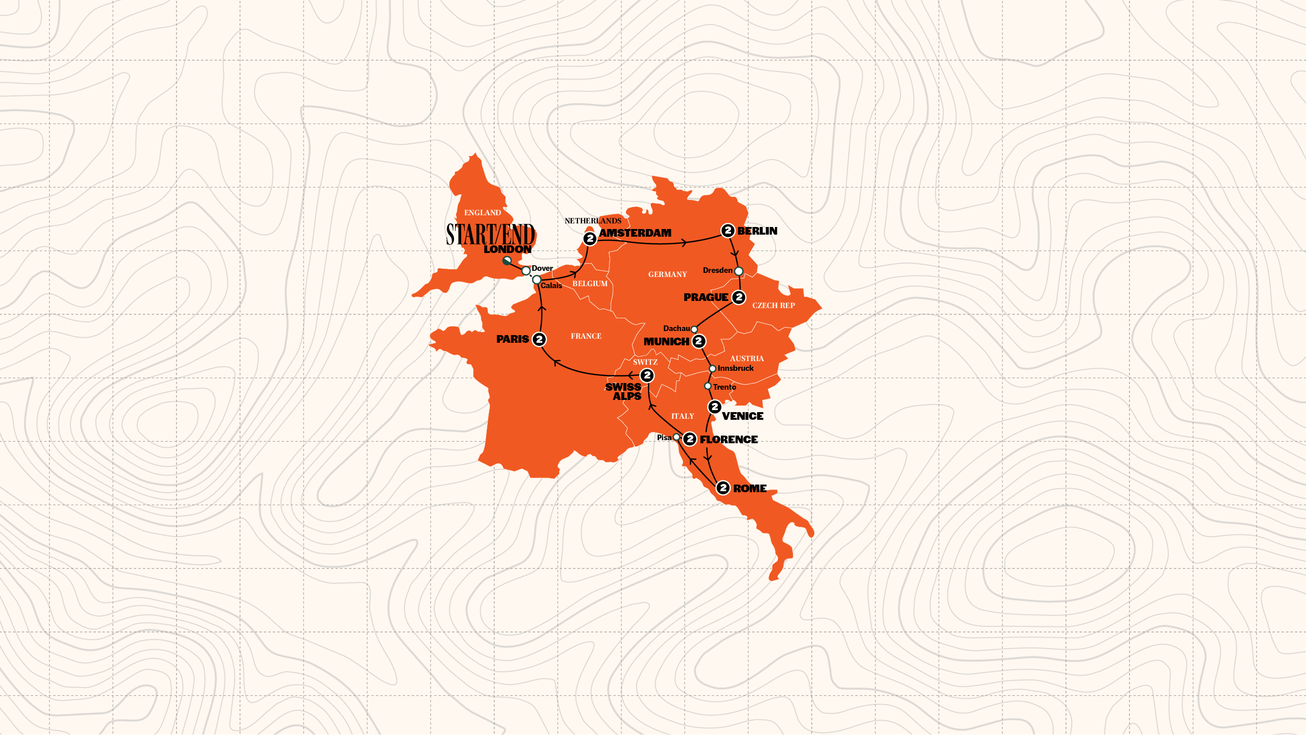 Map of European Whirl | Start London | Hostels | Winter 2026/2027 from Contiki