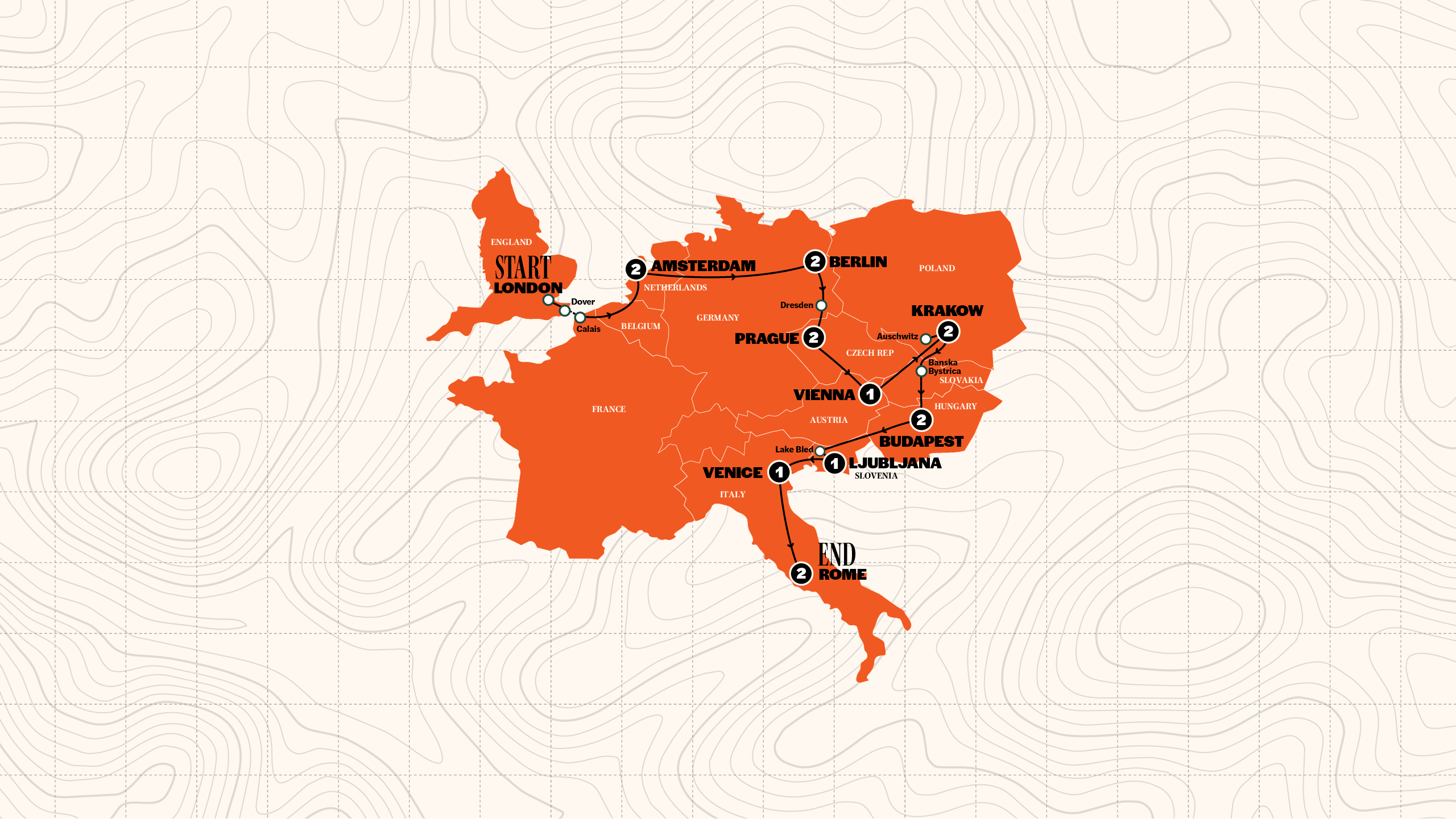 Map of London to Rome Trail | Hostels | Start London | Summer 2027 from Contiki