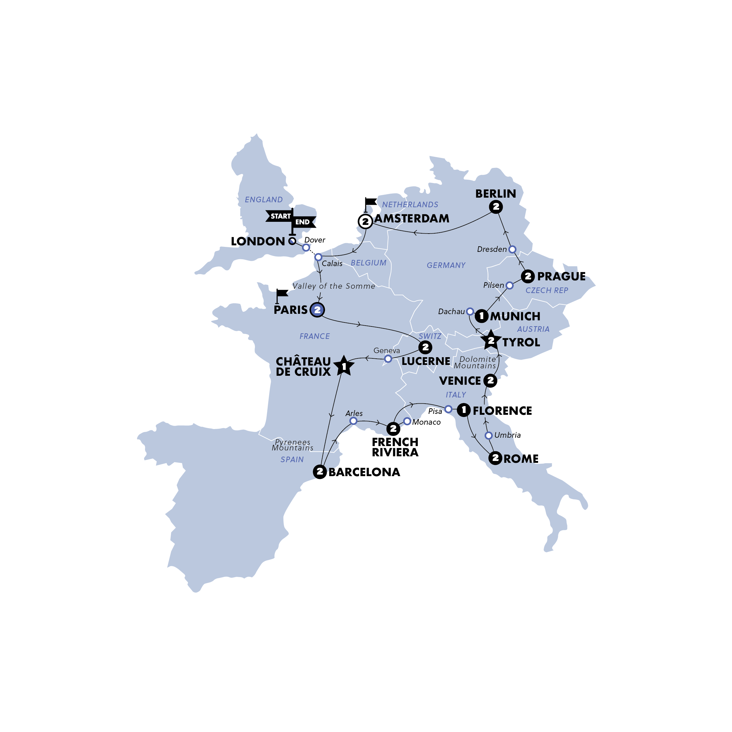 tourhub | Contiki | European Escapade | Plus | Start Paris | Summer 2026 | Tour Map