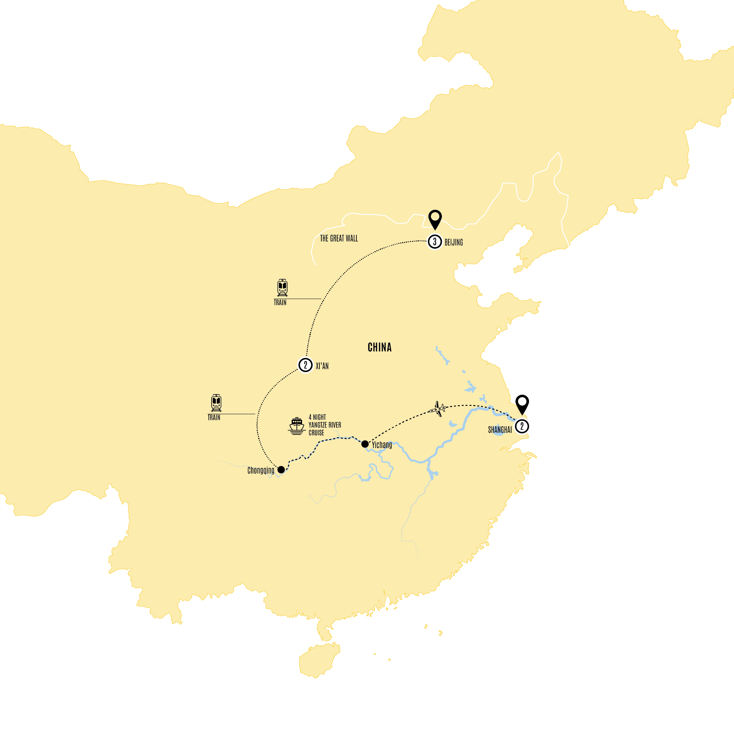 Map of Iconic China with Yangtze Cruise (2027) from Costsaver