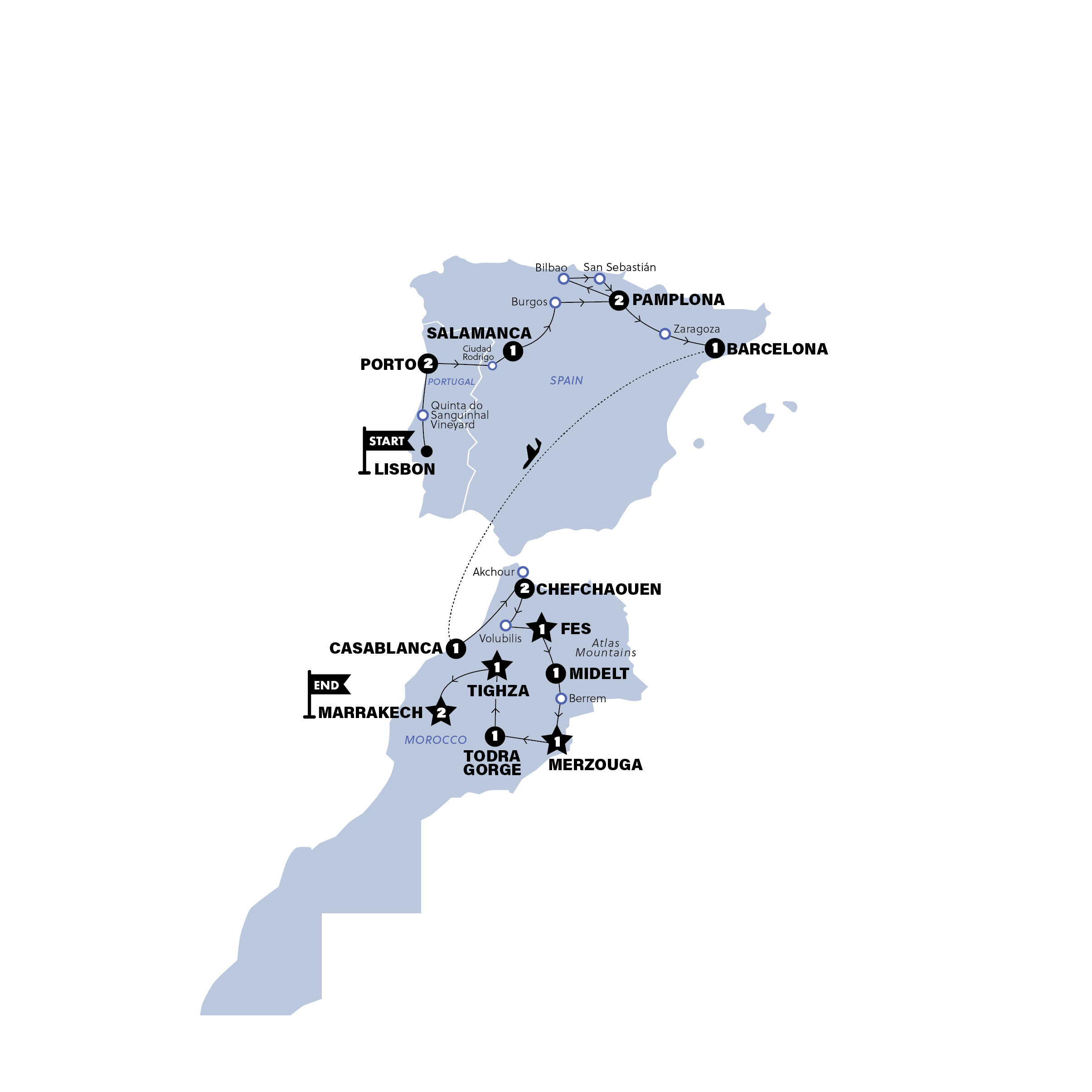 Map of Lisbon to Marrakesh from Contiki