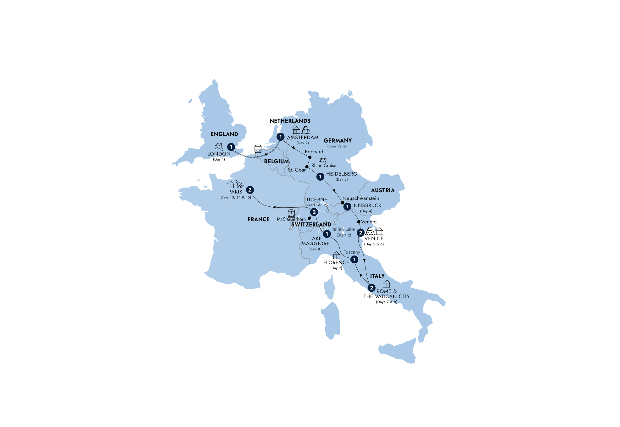 Highlights of Europe - Start London, End Paris, Classic Group, Summer Itinerary Map