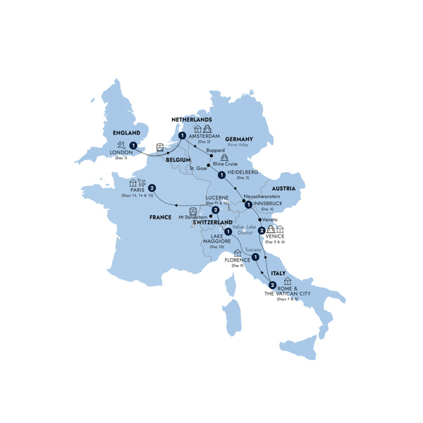 Highlights of Europe - Start London, End Paris, Classic Group, Summer Itinerary Map